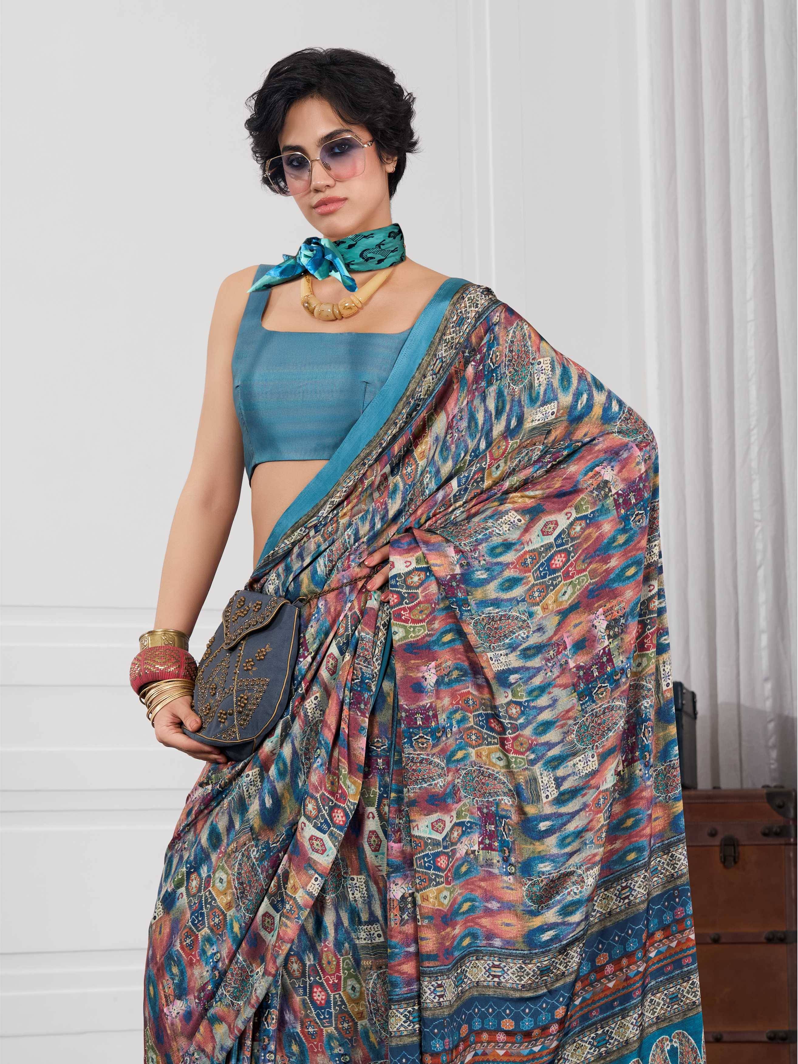 Multicolor Blue Artistic Motif Crepe Silk Saree