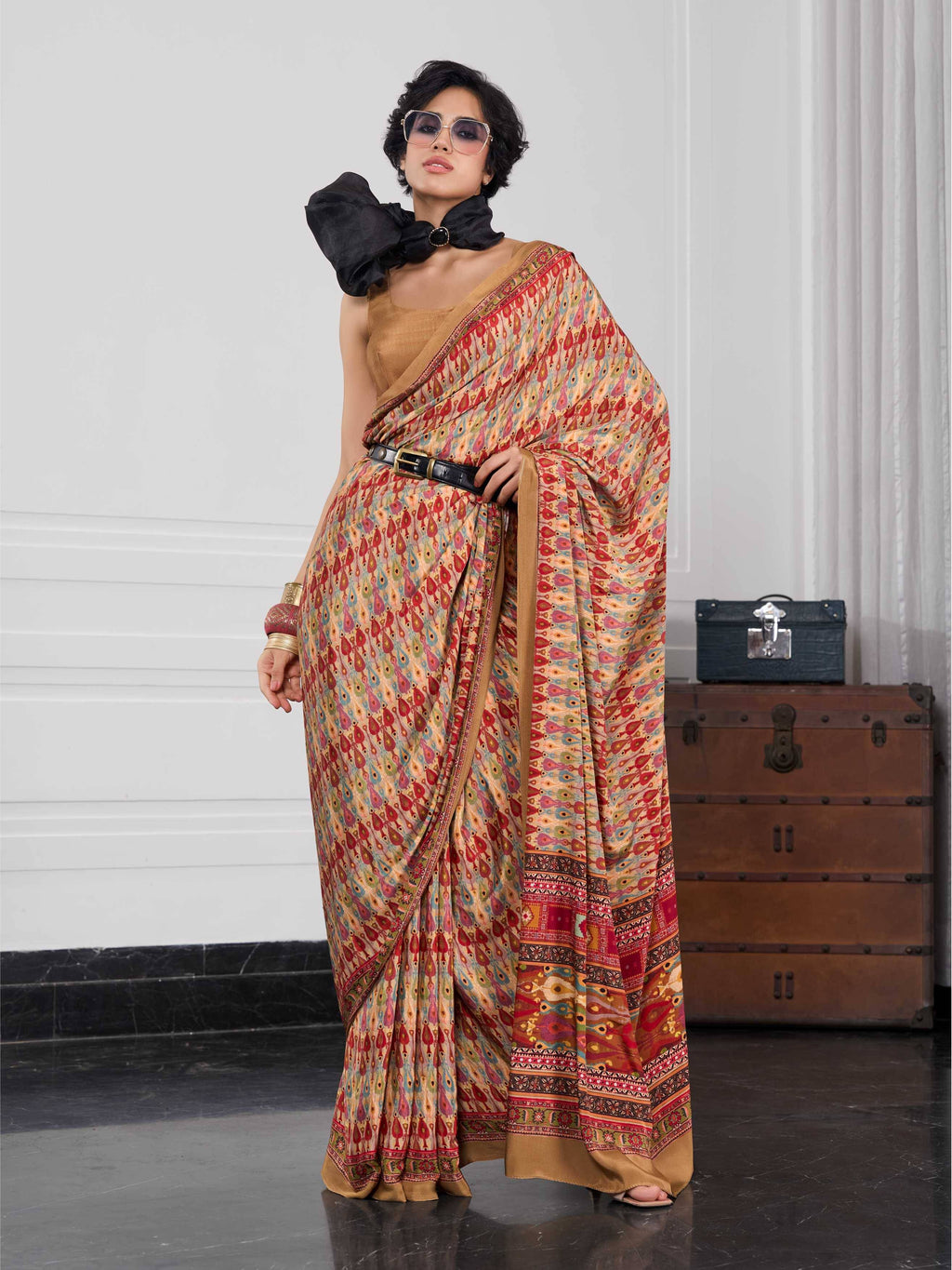Golden Beige Ethnic Motif Crepe Silk Saree