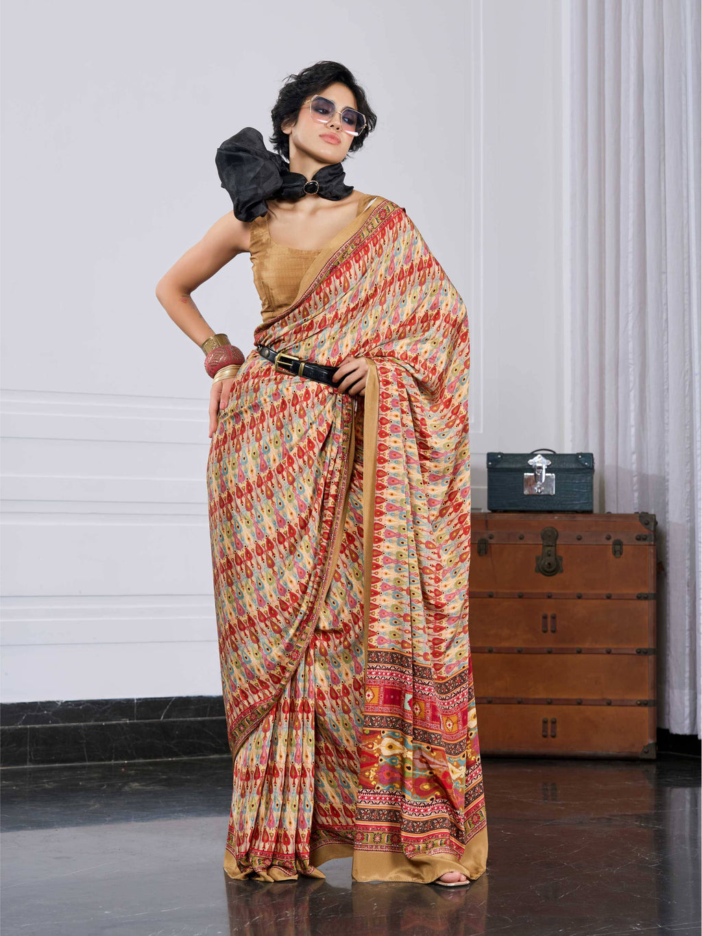 Golden Beige Ethnic Motif Crepe Silk Saree