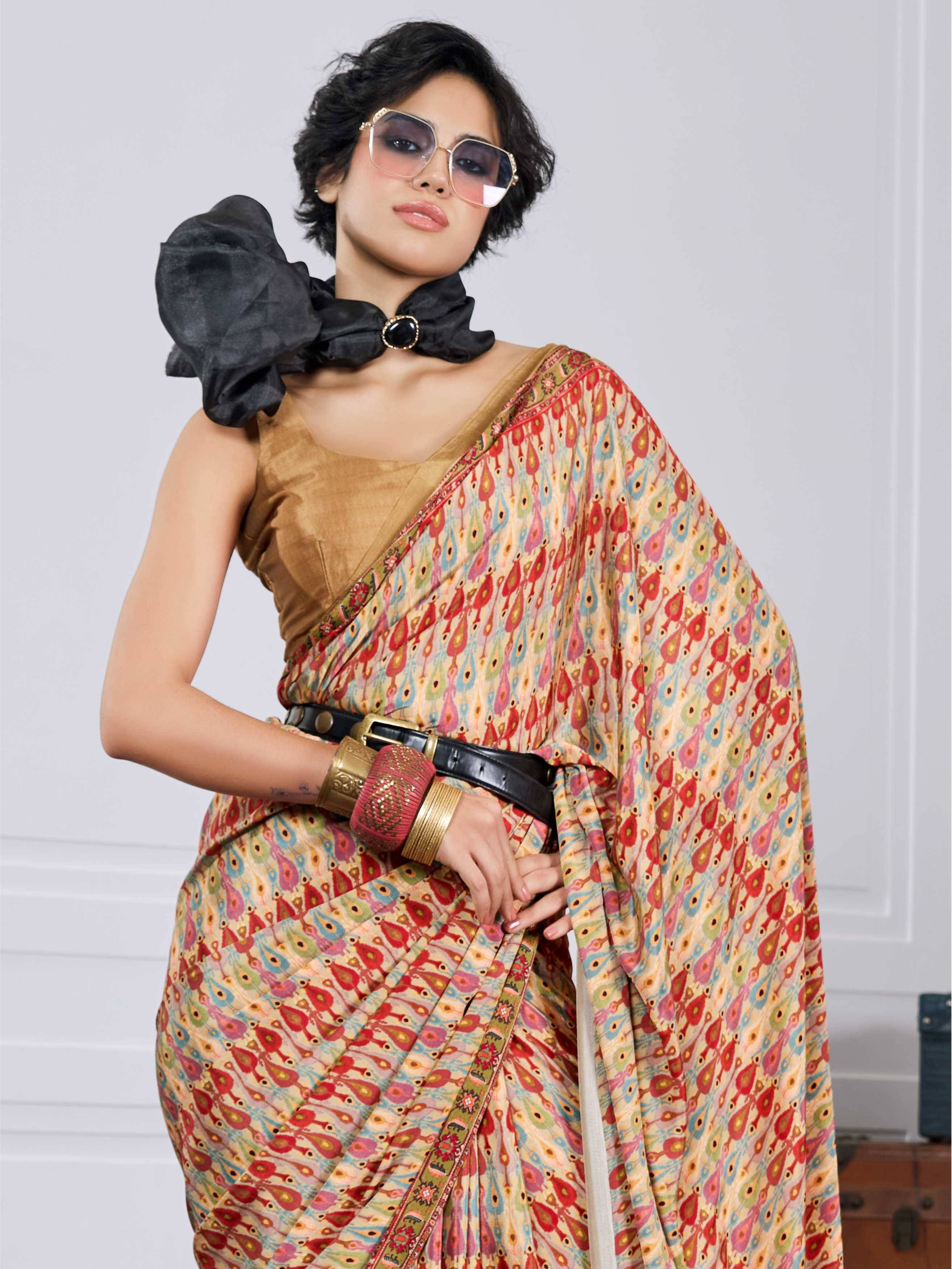 Golden Beige Ethnic Motif Crepe Silk Saree