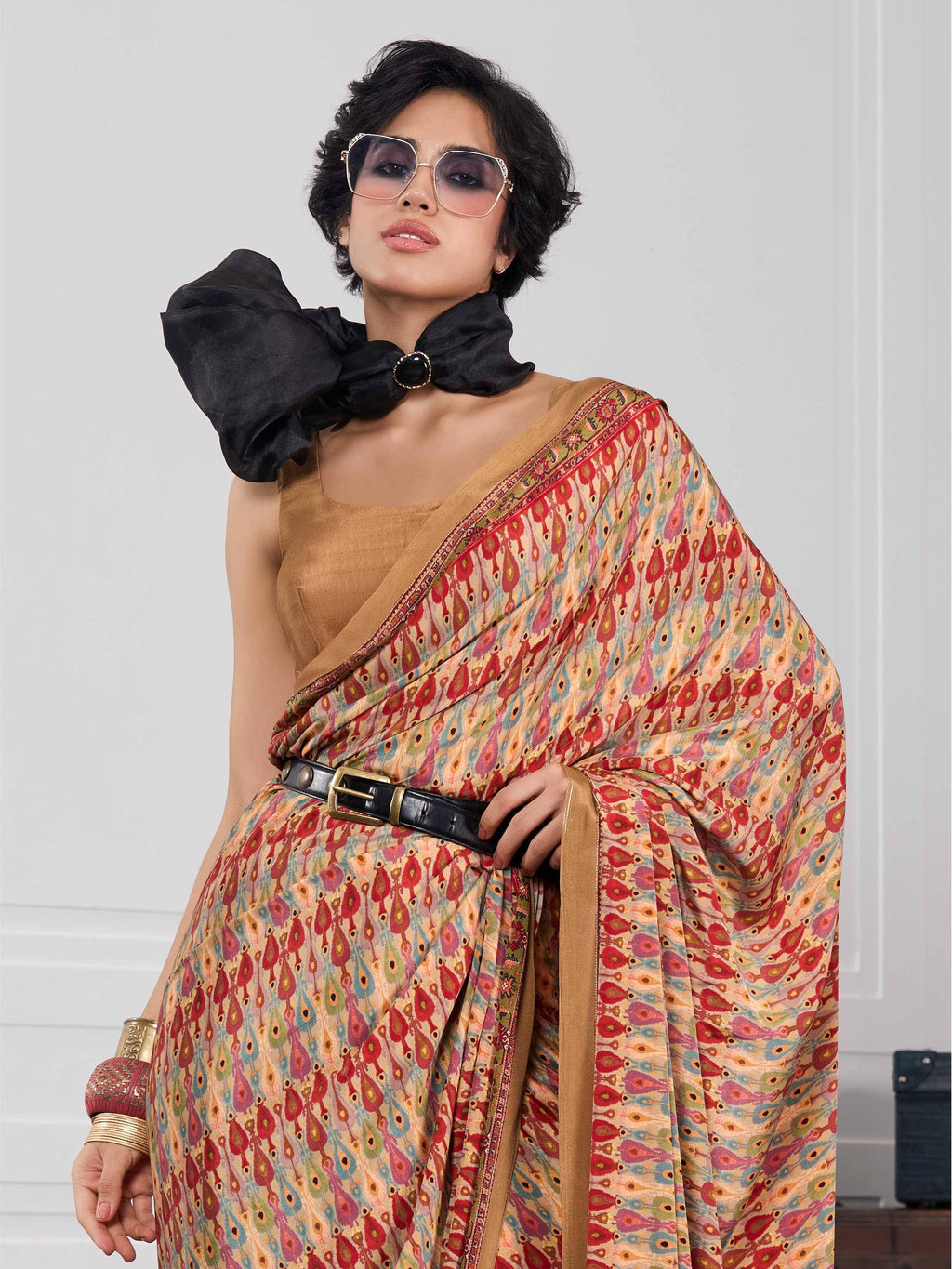 Golden Beige Ethnic Motif Crepe Silk Saree