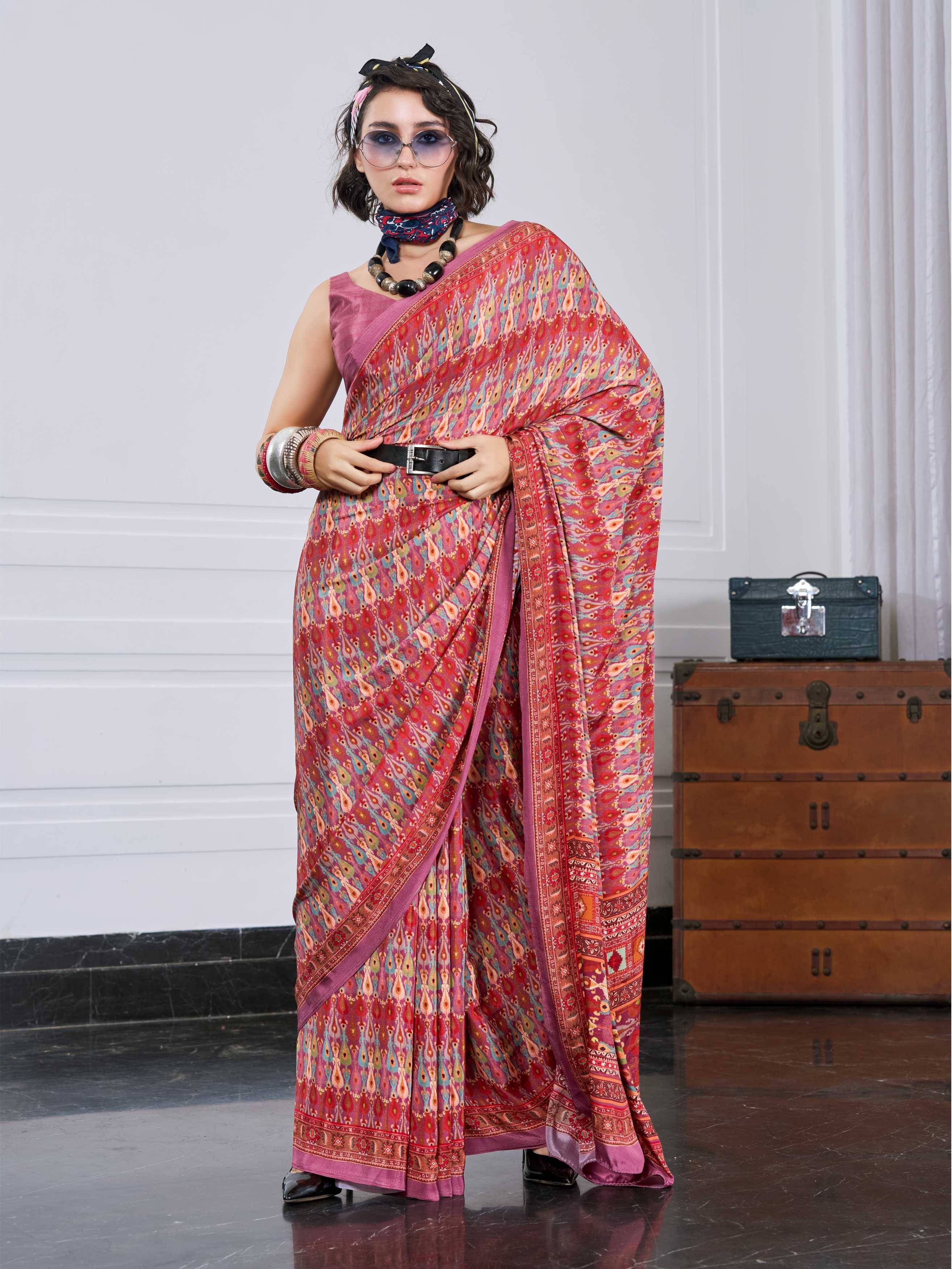 Terracotta Red Ethnic Motif Crepe Silk Saree