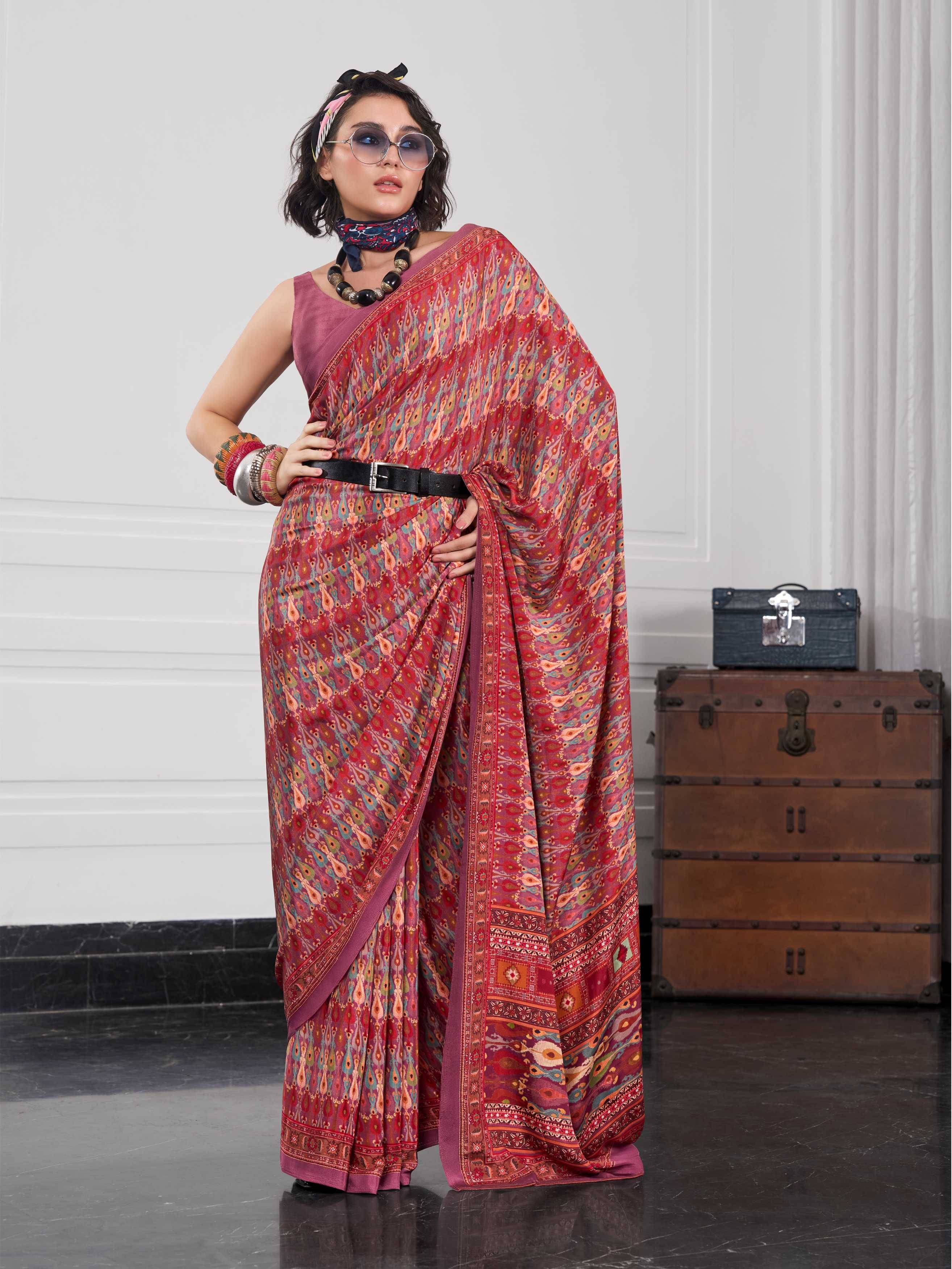Terracotta Red Ethnic Motif Crepe Silk Saree