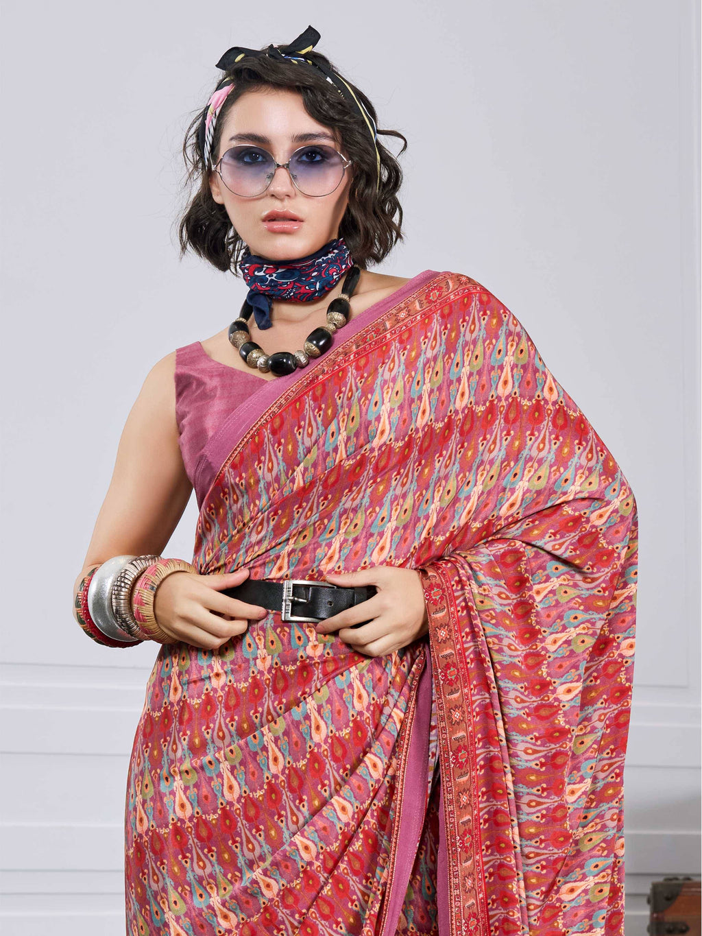 Terracotta Red Ethnic Motif Crepe Silk Saree
