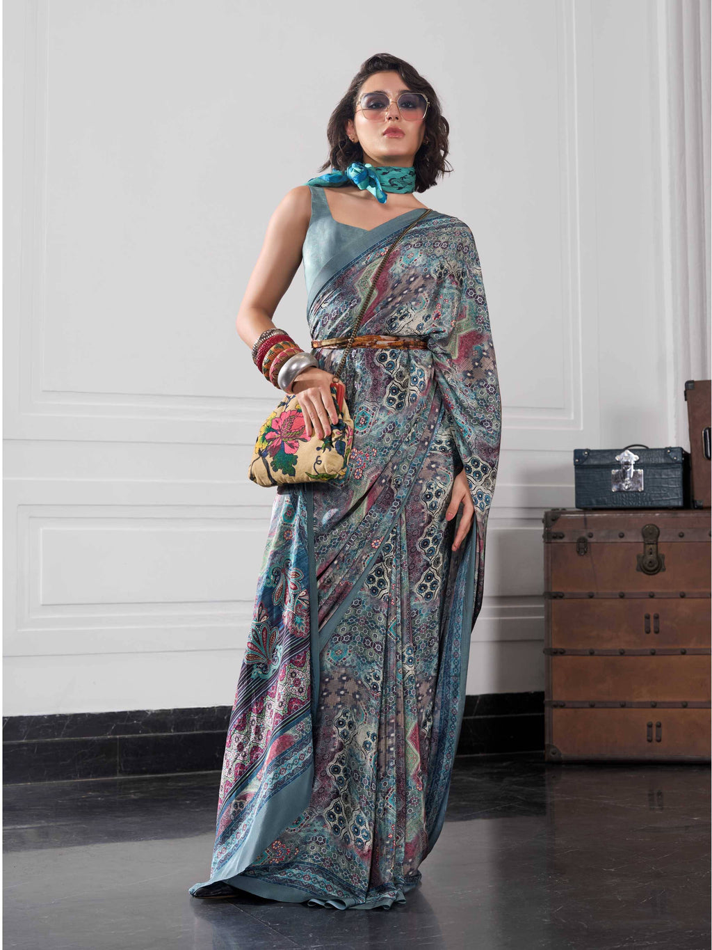 Mint Green Artistic Motif Crepe Silk Saree