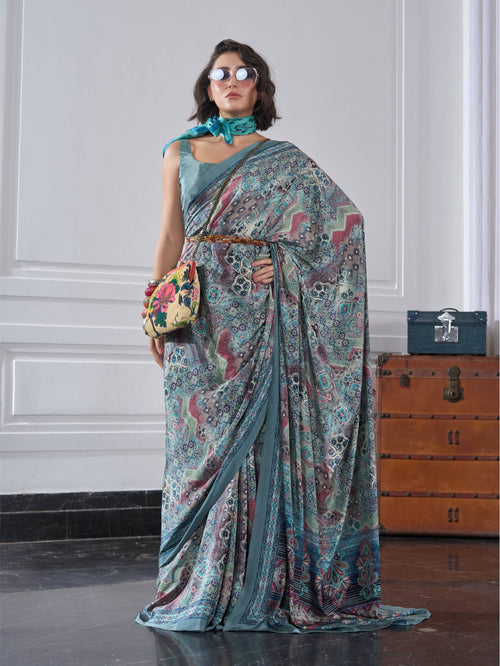 Crepe Artistic Motif Mint Green Saree