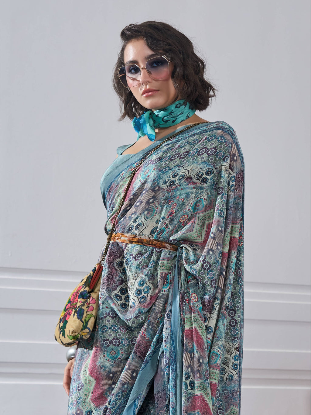 Mint Green Artistic Motif Crepe Silk Saree