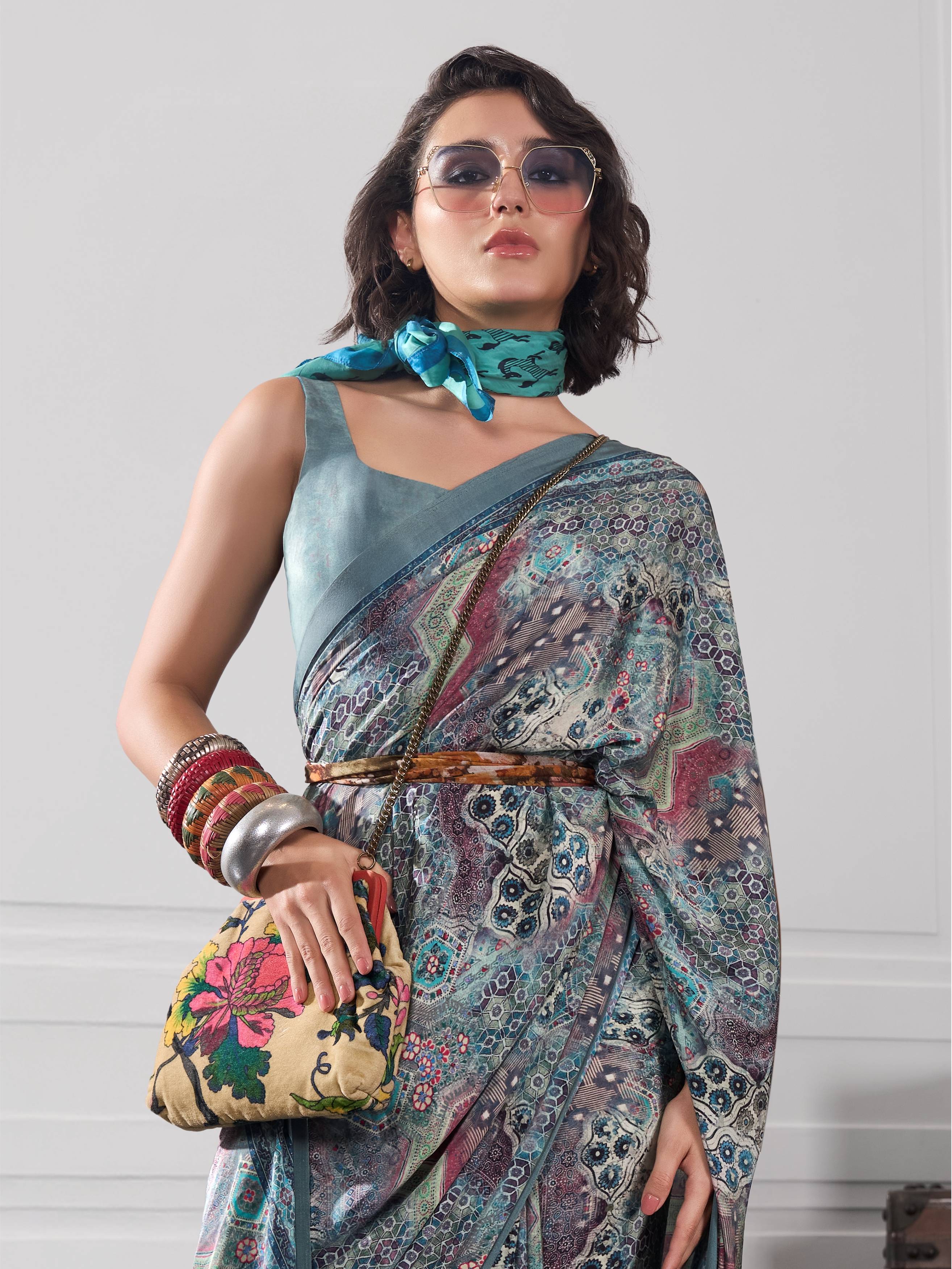 Mint Green Artistic Motif Crepe Silk Saree