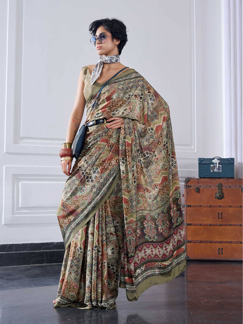 Olive Gold Artistic Motif Crepe Silk Saree