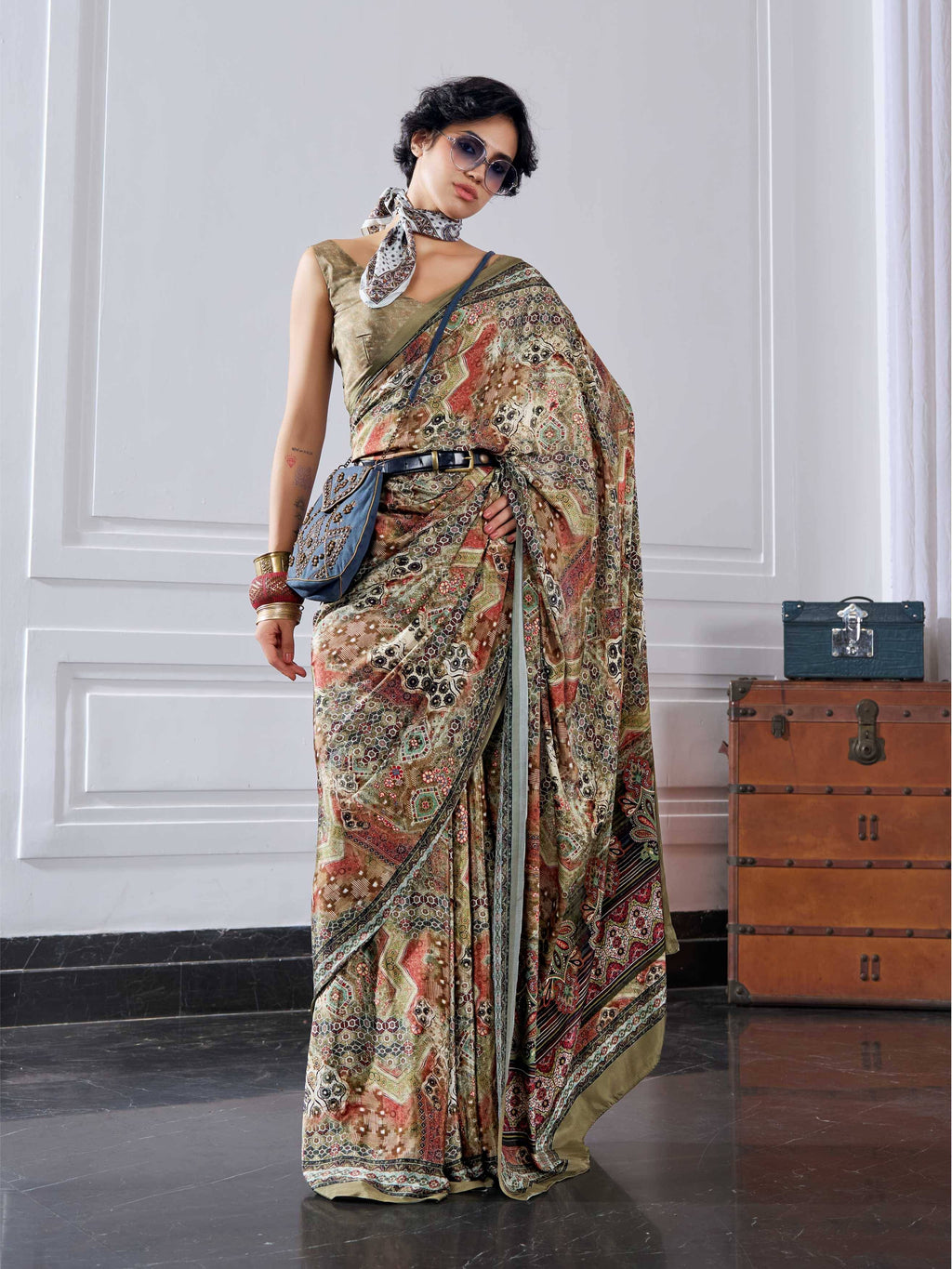 Olive Gold Artistic Motif Crepe Silk Saree