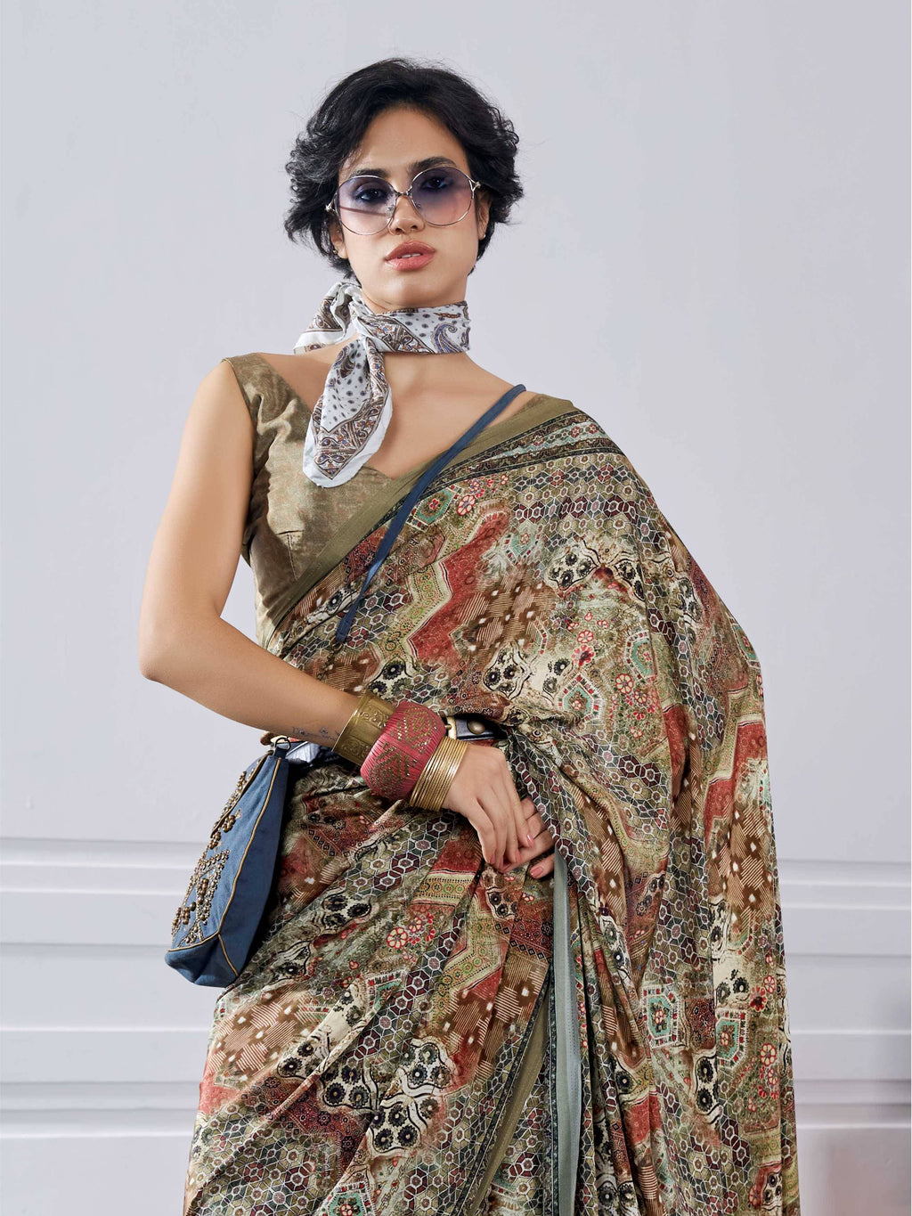 Olive Gold Artistic Motif Crepe Silk Saree