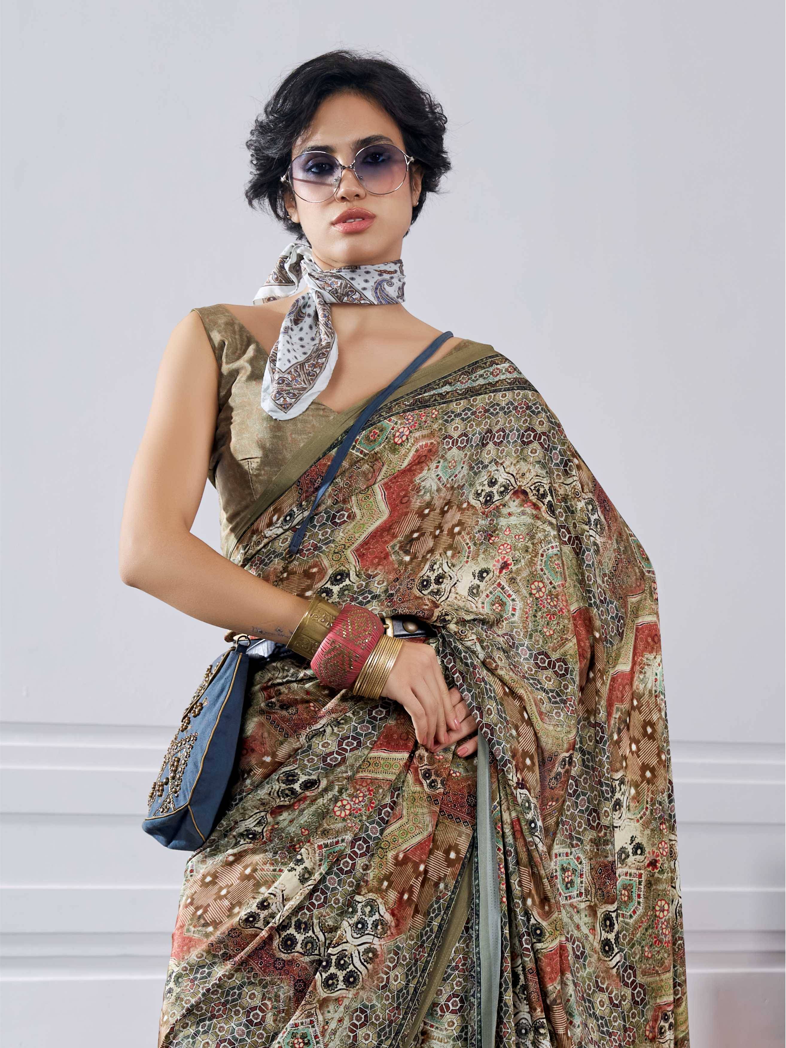 Olive Gold Artistic Motif Crepe Silk Saree