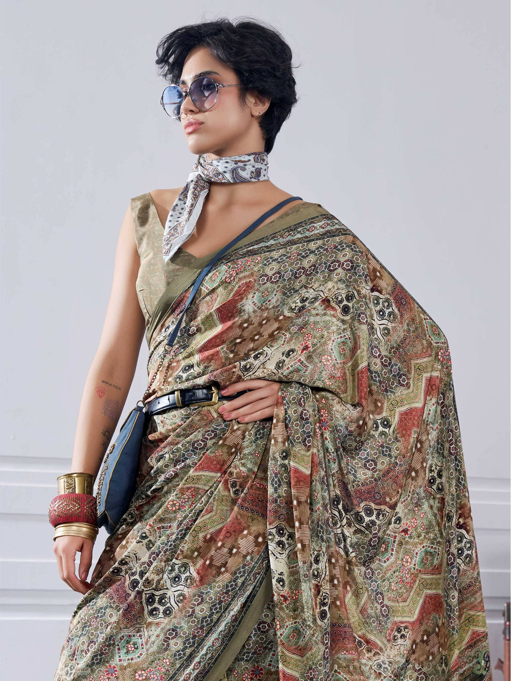 Olive Gold Artistic Motif Crepe Silk Saree