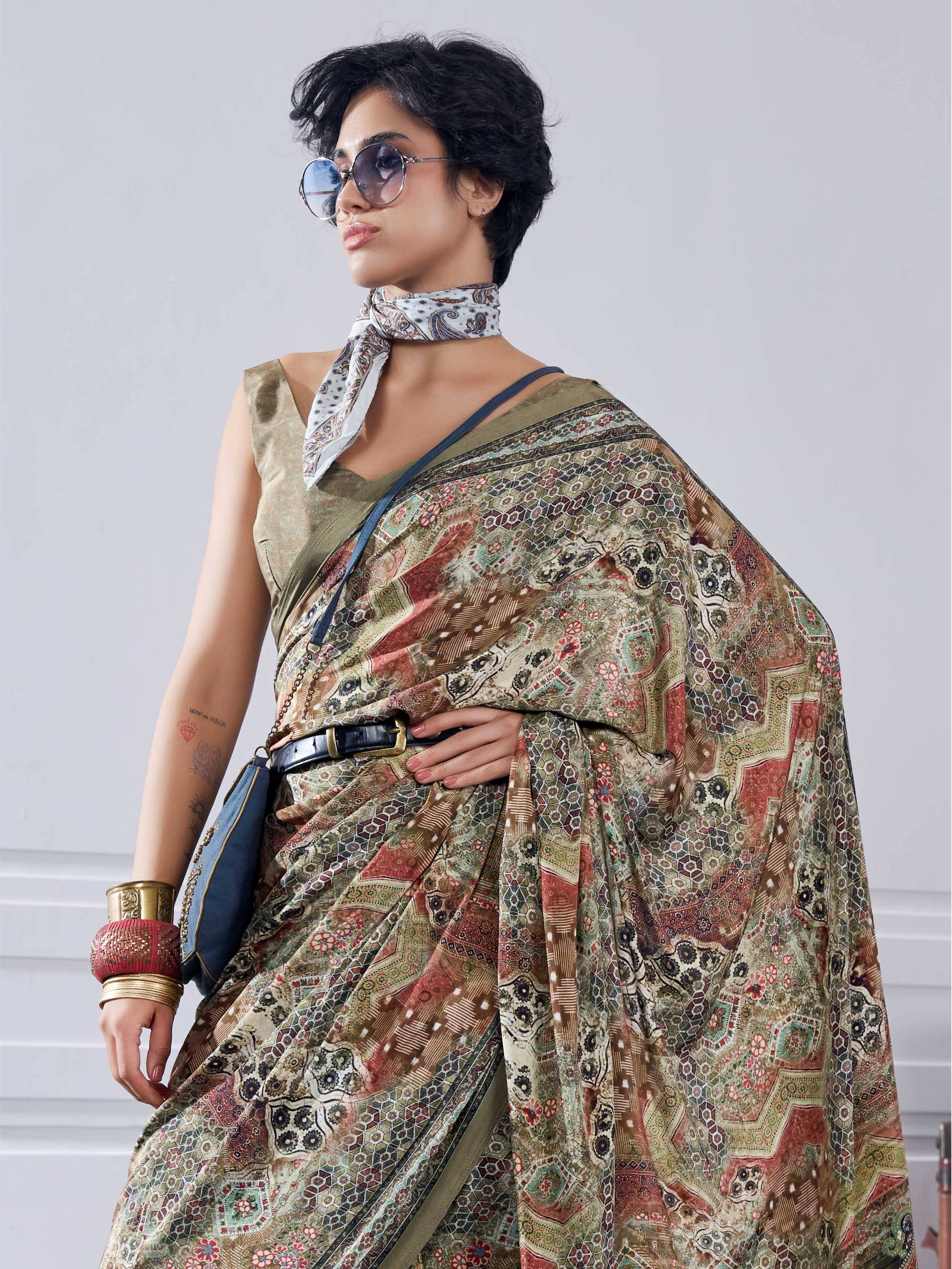 Olive Gold Artistic Motif Crepe Silk Saree
