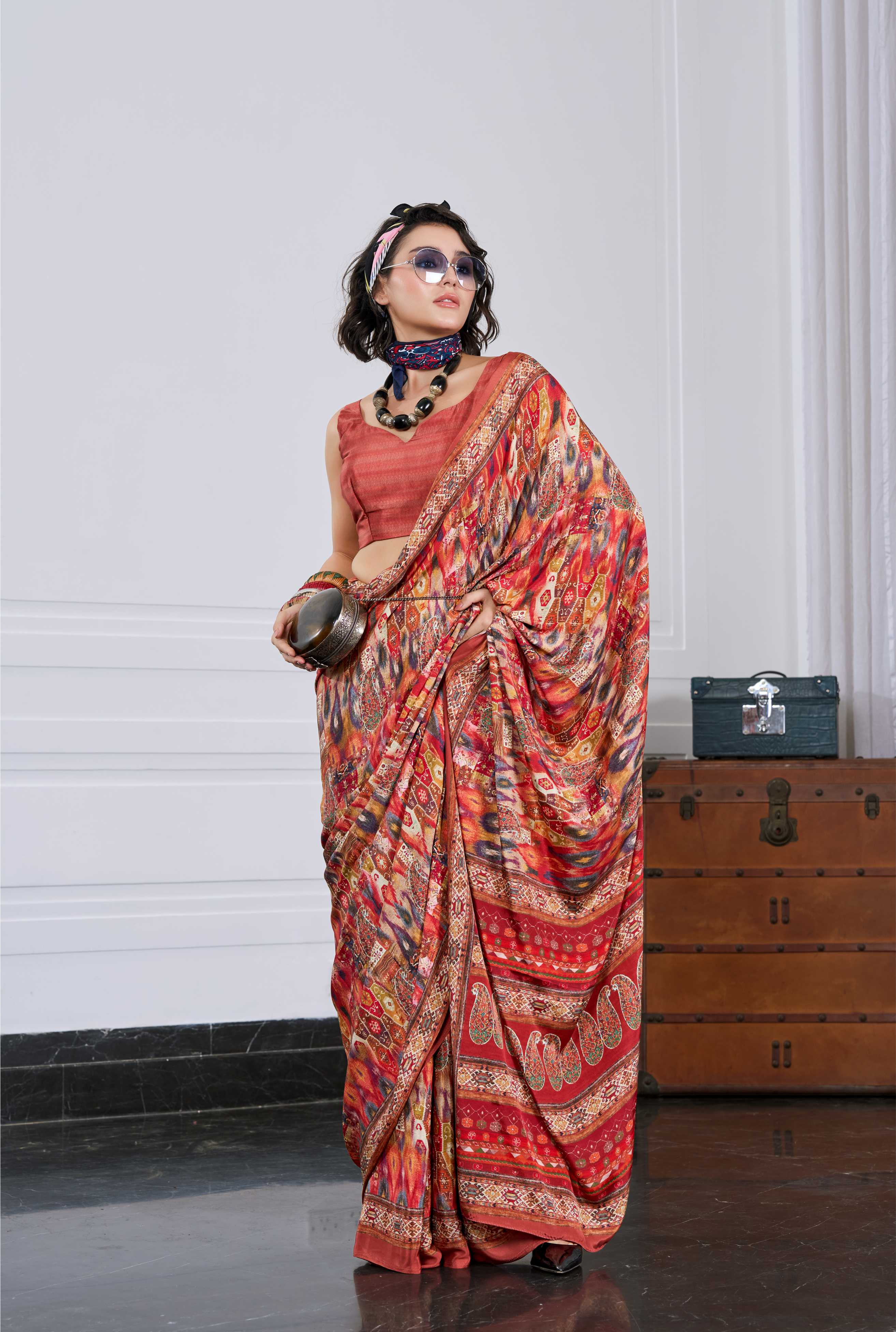 Flow Artistic Motif Burnt Orange Saree