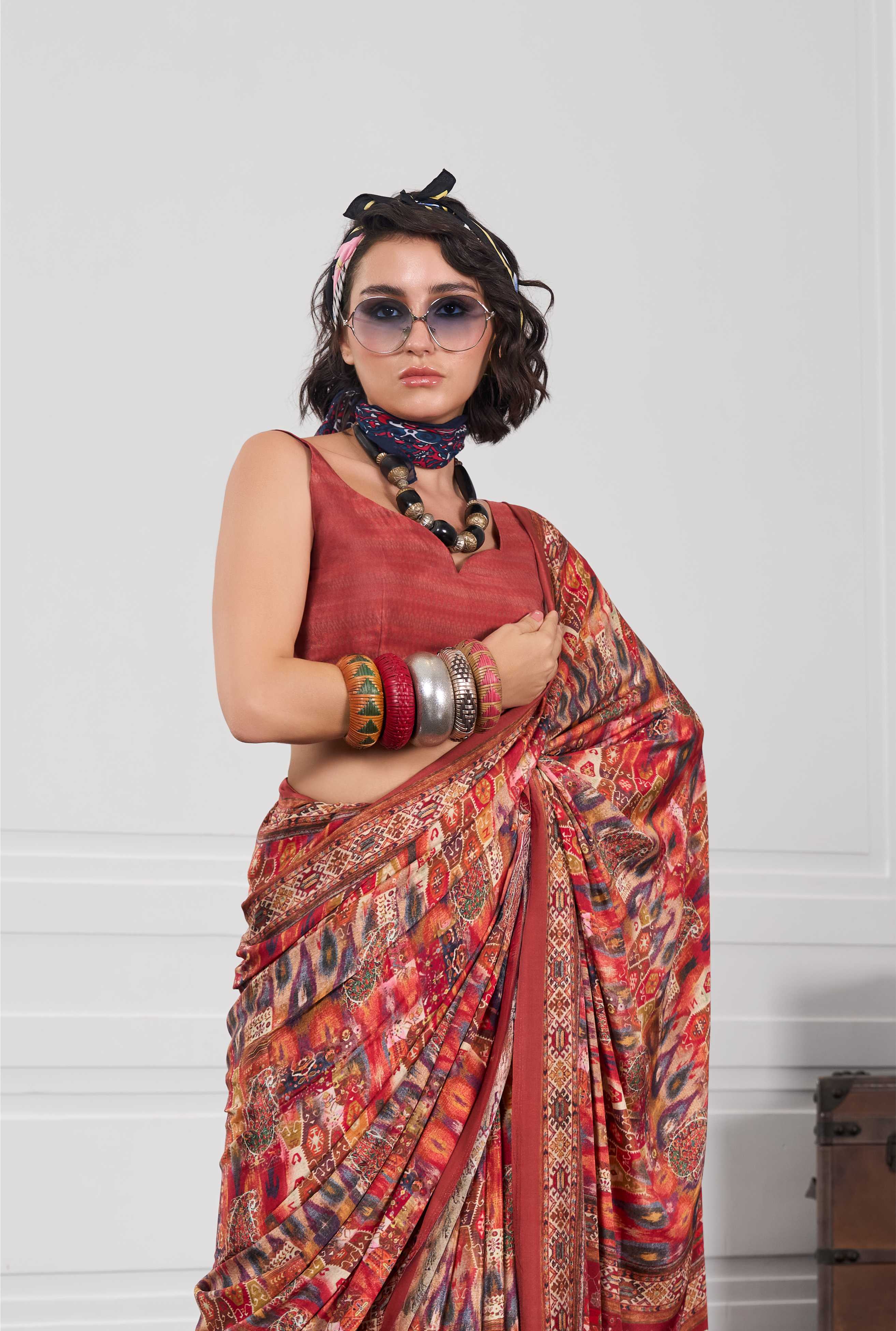 Flow Artistic Motif Burnt Orange Saree
