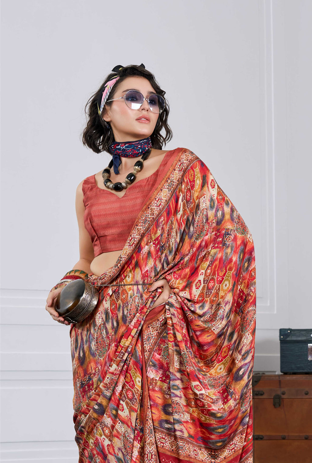 Flow Artistic Motif Burnt Orange Saree