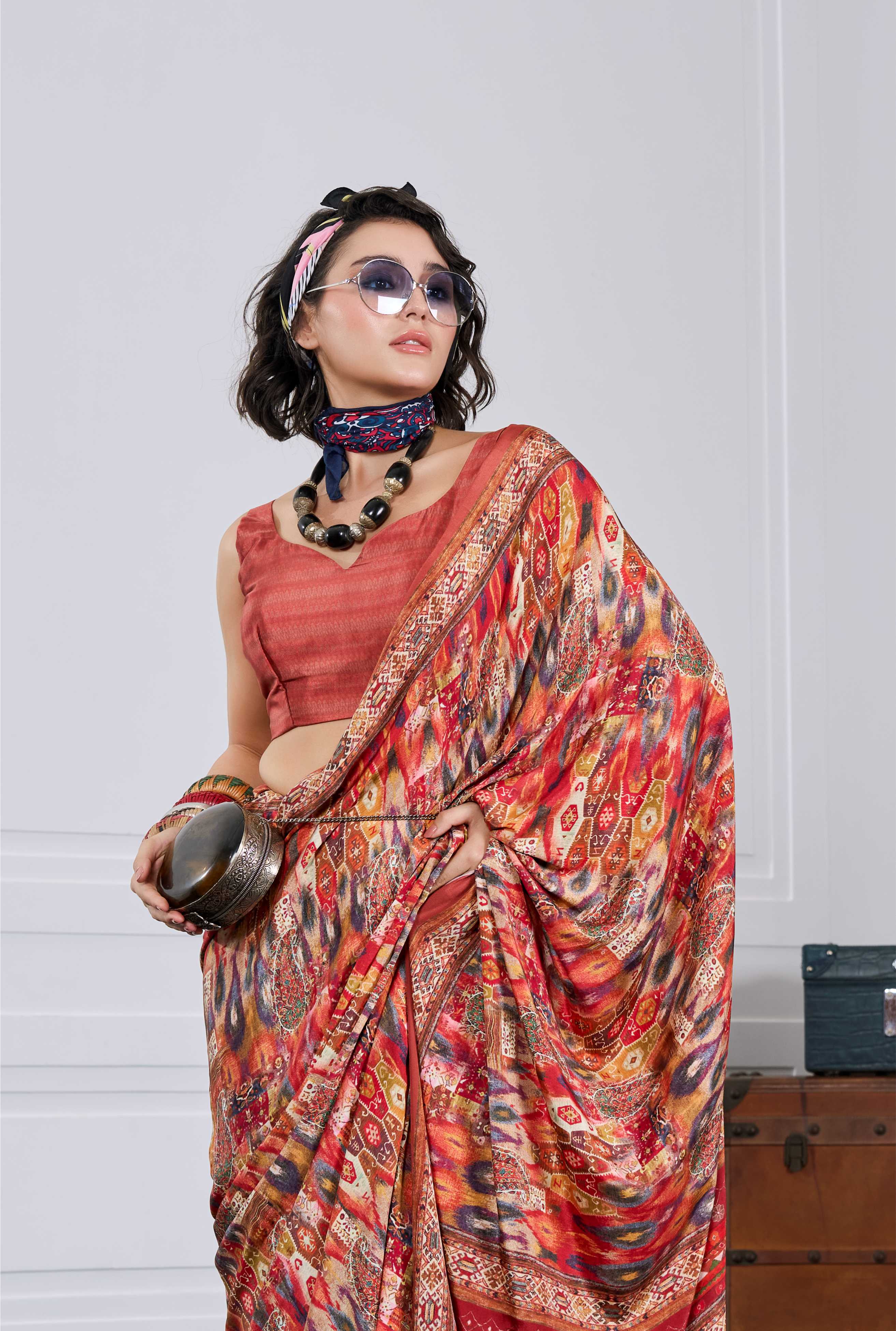 Flow Artistic Motif Burnt Orange Saree