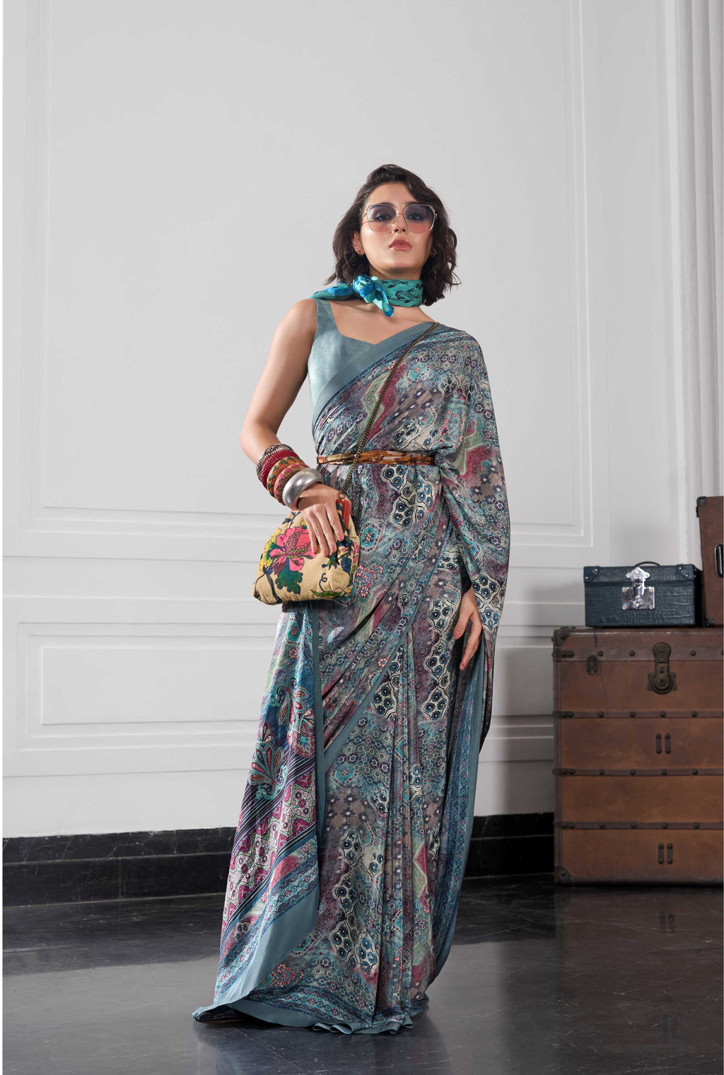 Flow Artistic Motif Mint Green Saree