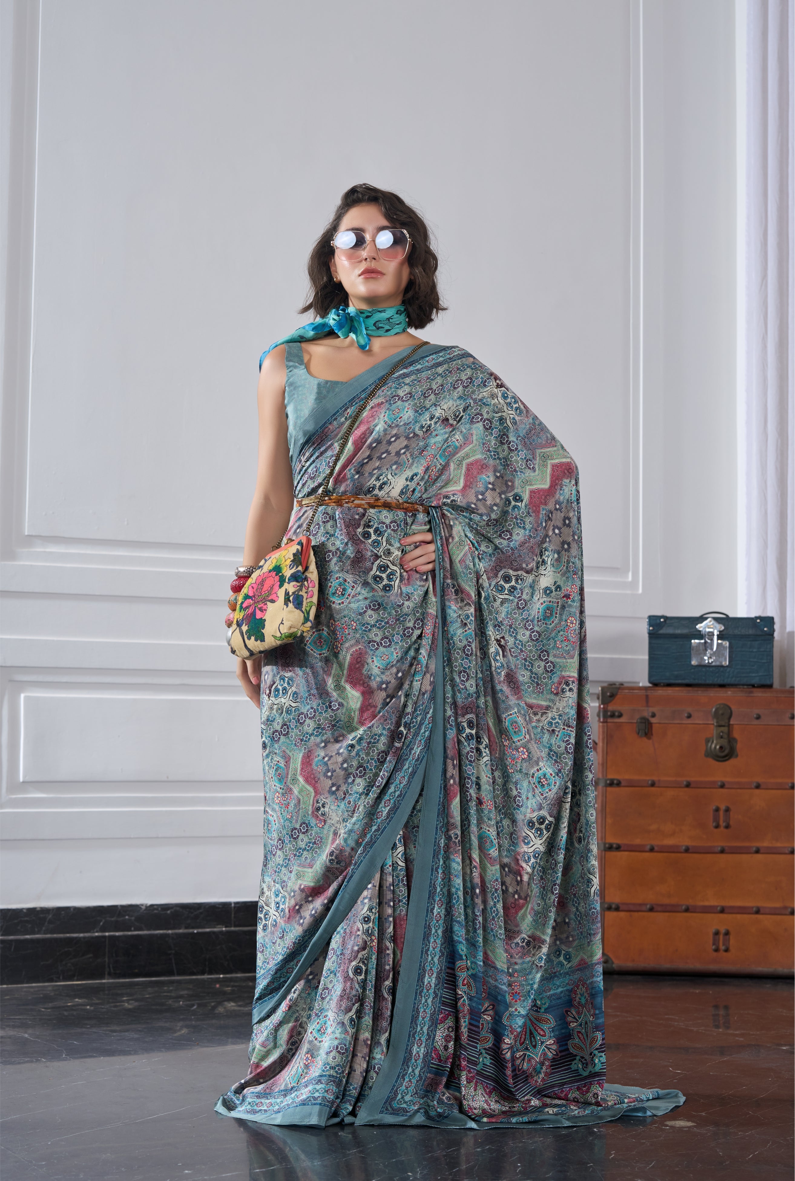 Flow Artistic Motif Mint Green Saree
