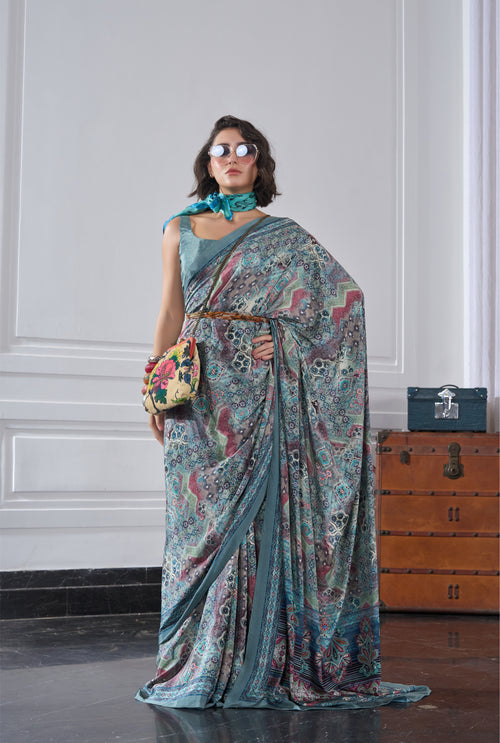 Flow Artistic Motif Mint Green Saree