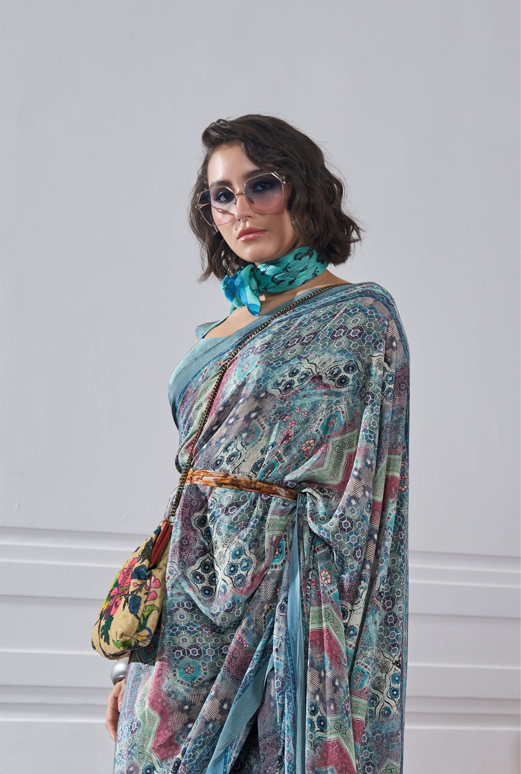 Flow Artistic Motif Mint Green Saree