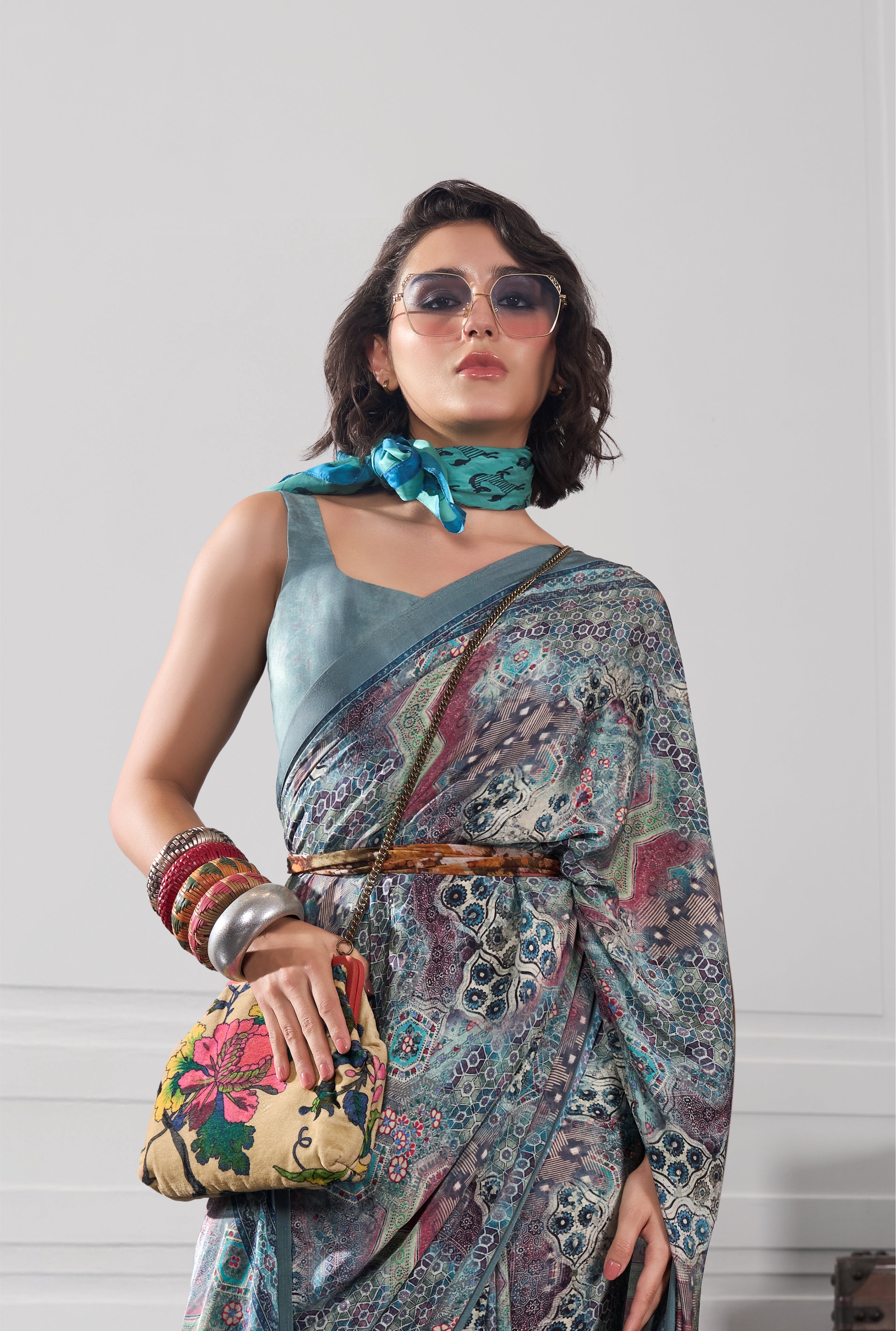 Flow Artistic Motif Mint Green Saree