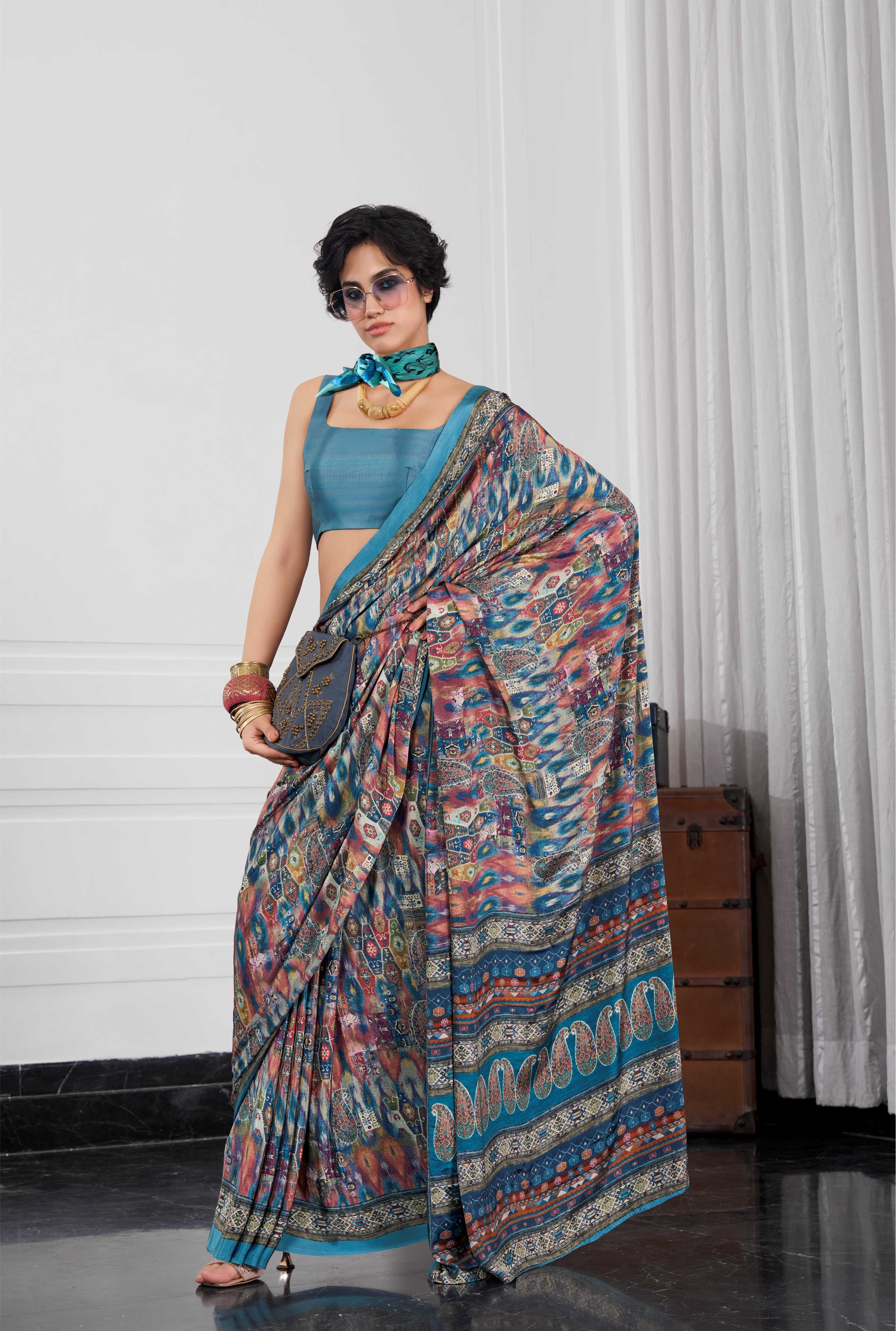 Flow Artistic Motif Multicolor Blue Saree