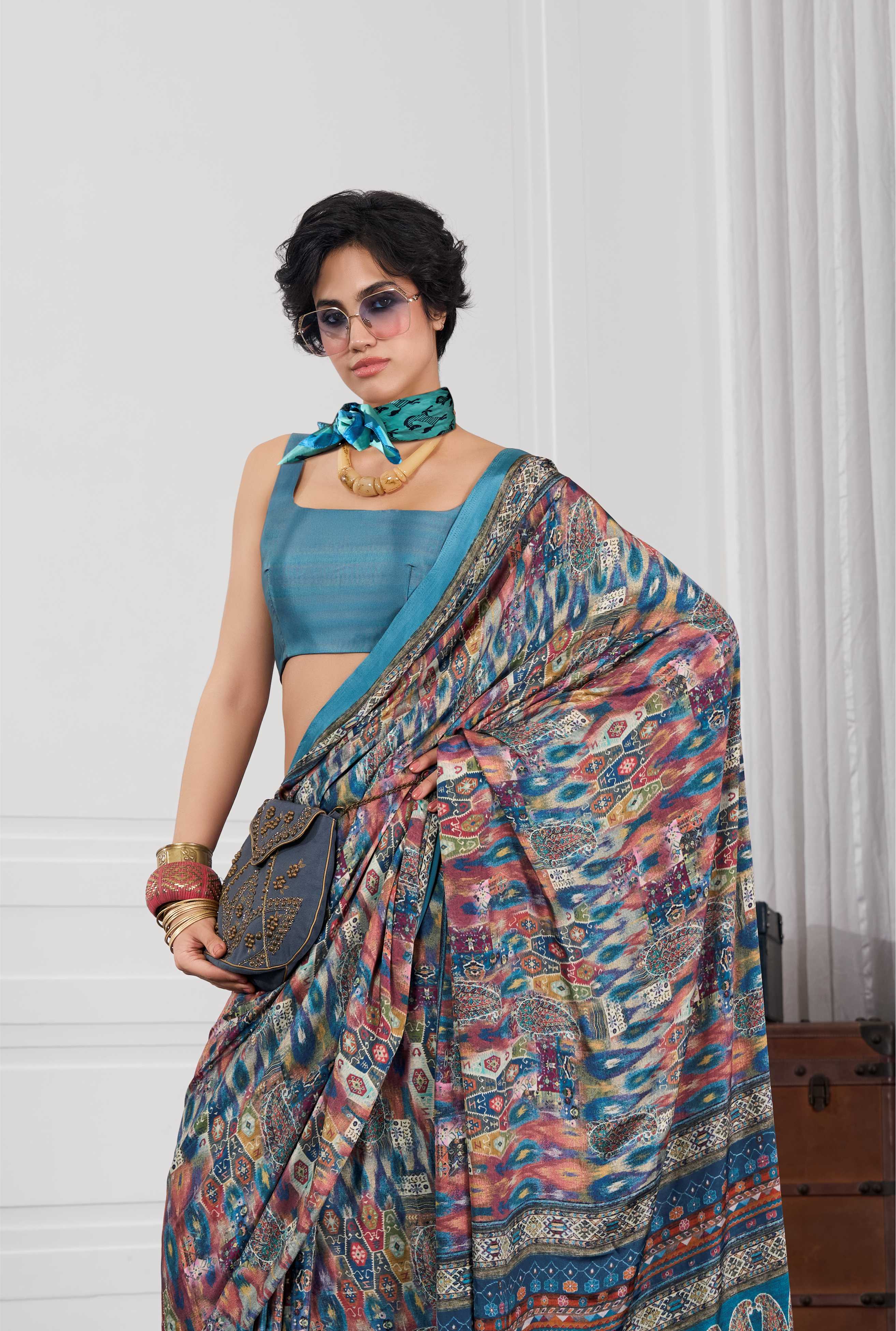 Crepe Artistic Motif Multicolor Blue Saree