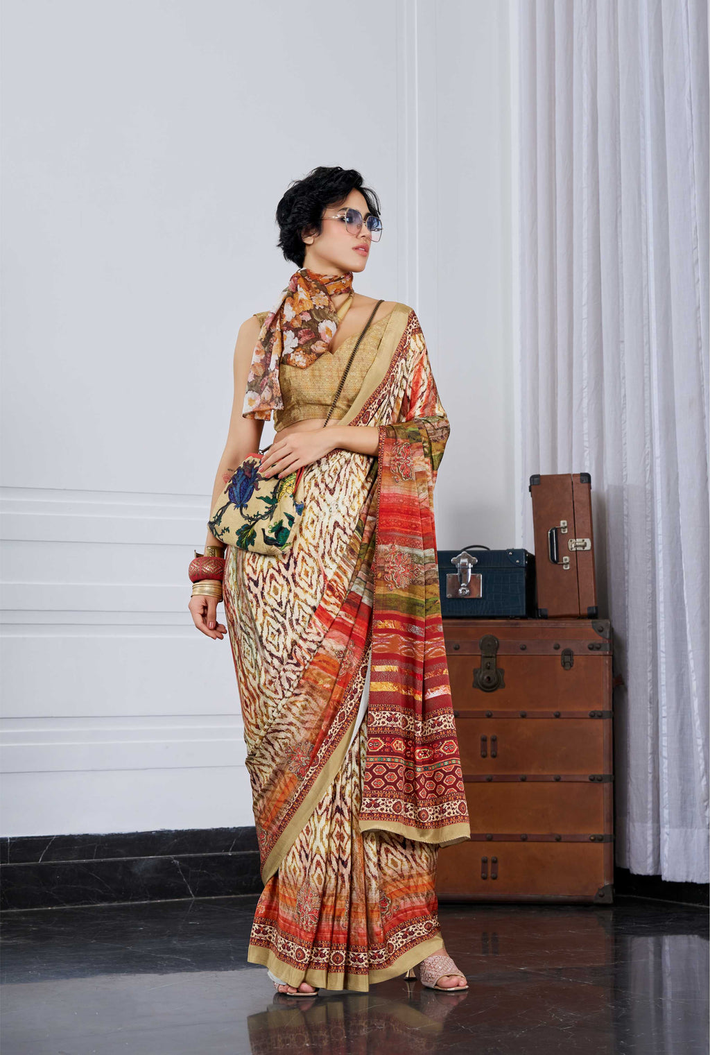Crepe Artistic Motif Mustard Gold Saree