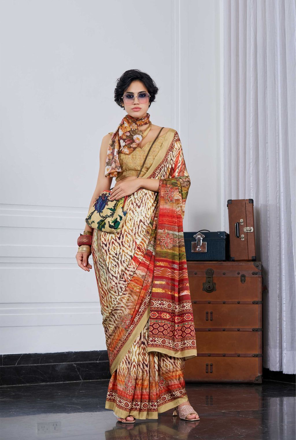 Crepe Artistic Motif Mustard Gold Saree