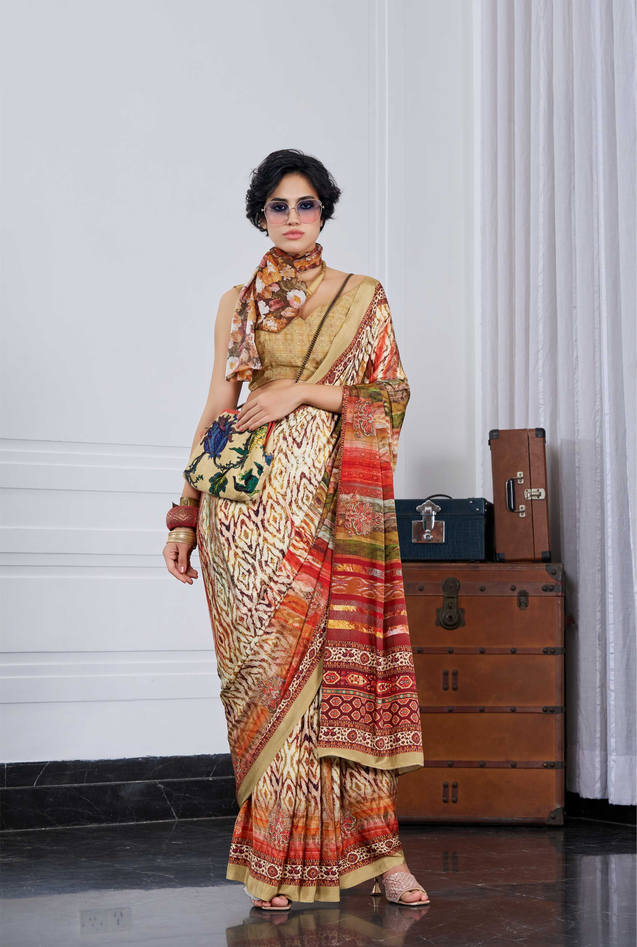 Flow Artistic Motif Mustard Gold Saree