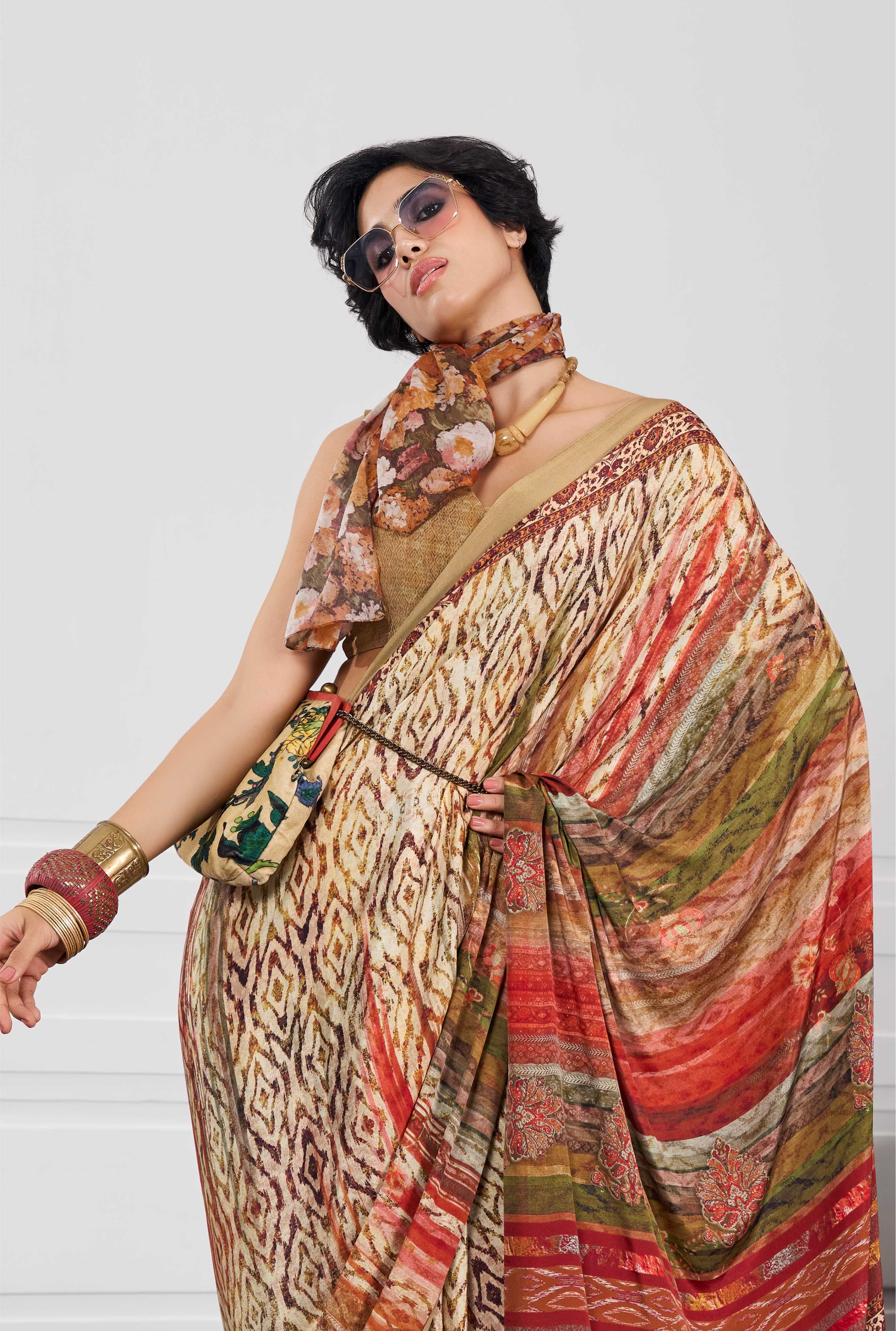 Crepe Artistic Motif Mustard Gold Saree