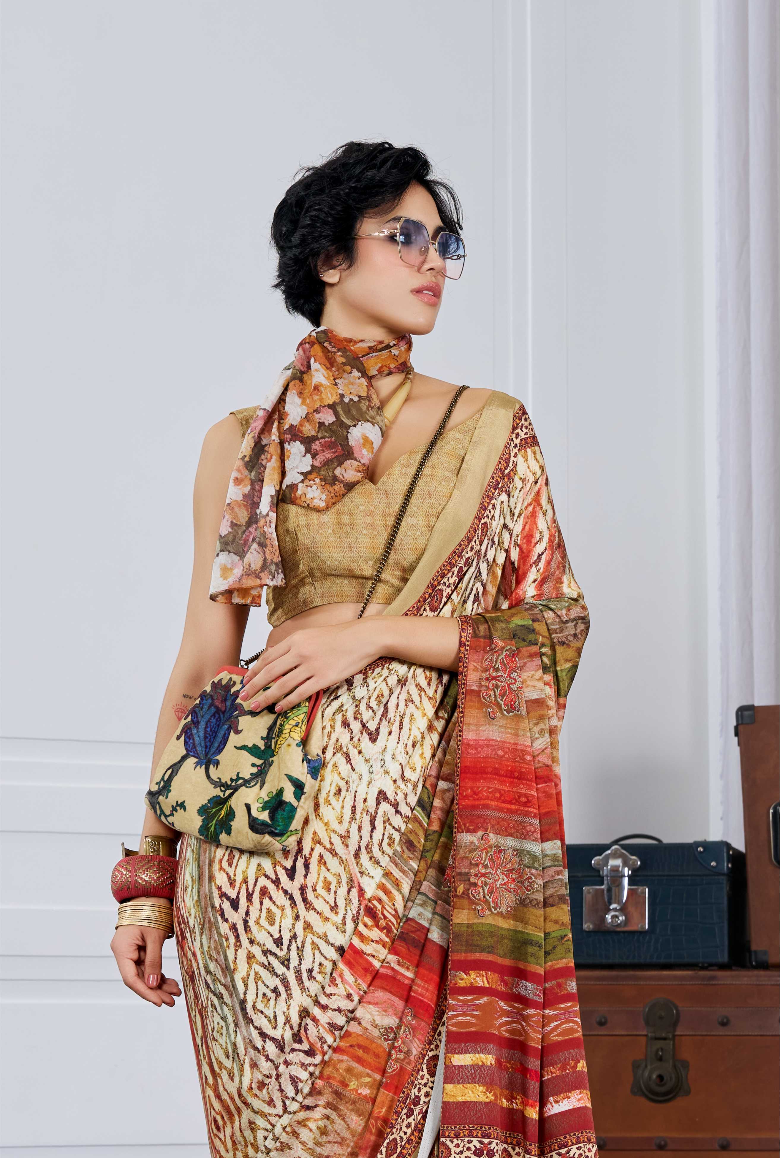 Crepe Artistic Motif Mustard Gold Saree