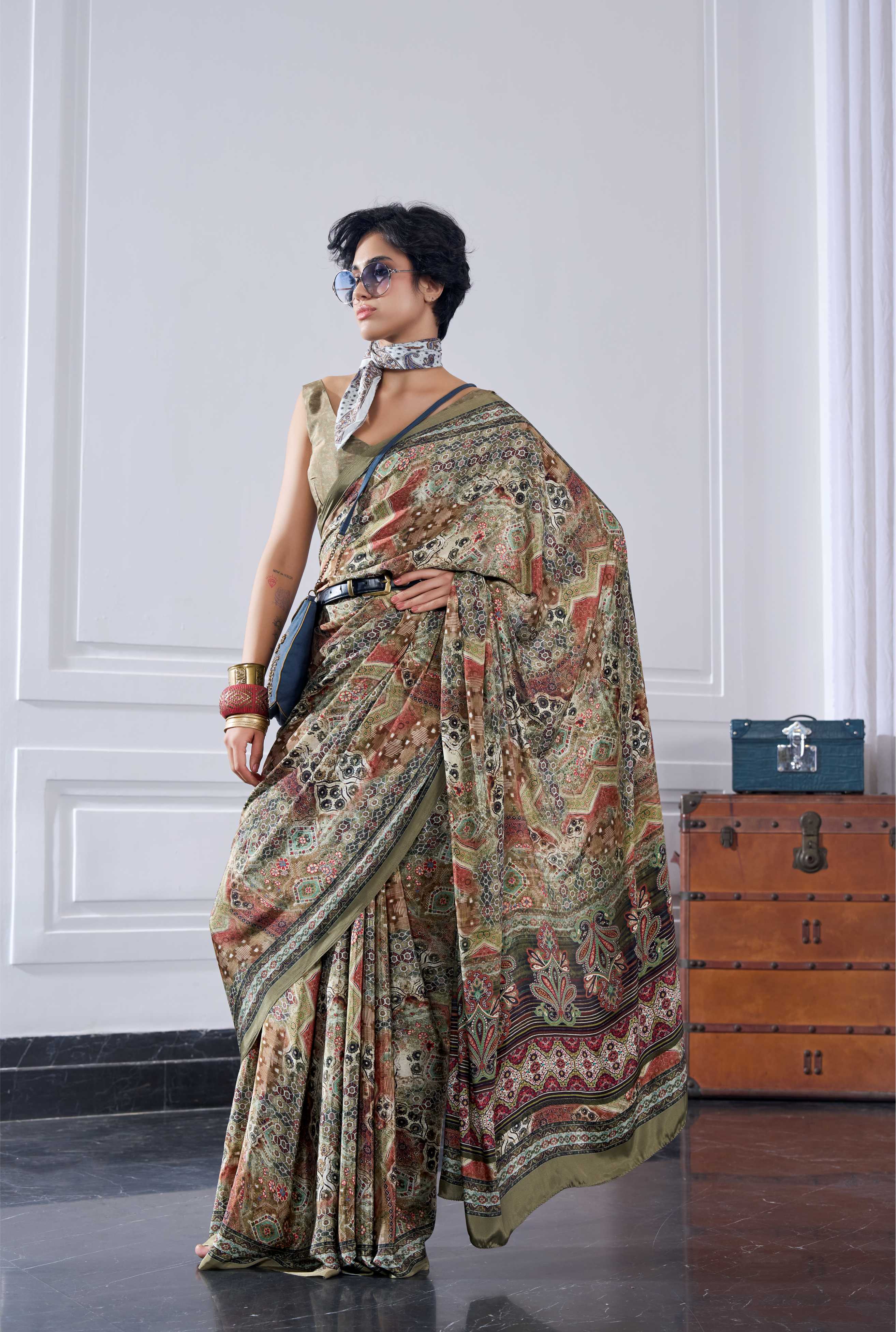 Flow Artistic Motif Olive Gold Saree