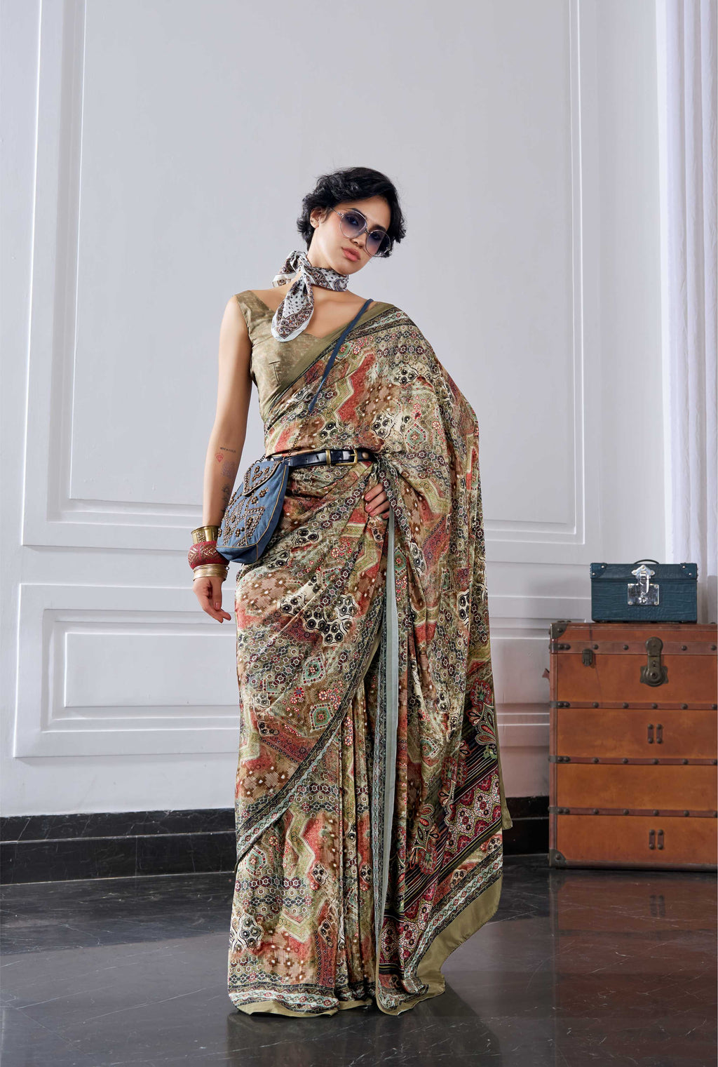 Flow Artistic Motif Olive Gold Saree