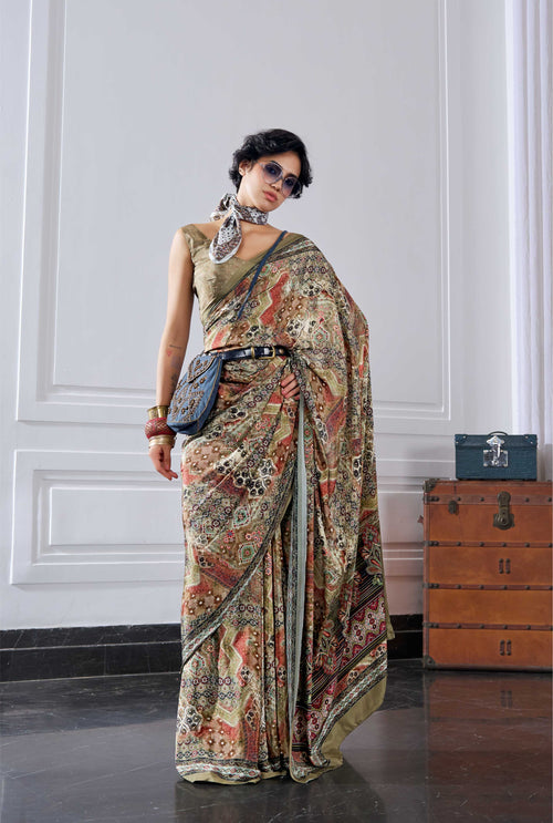 Flow Artistic Motif Olive Gold Saree