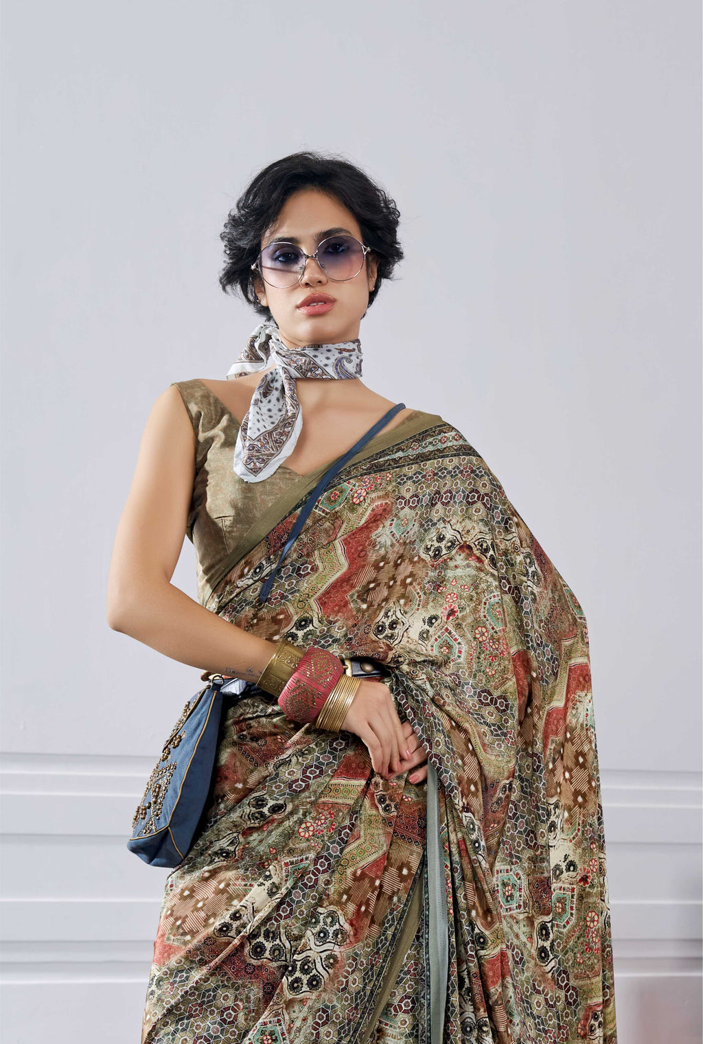 Flow Artistic Motif Olive Gold Saree