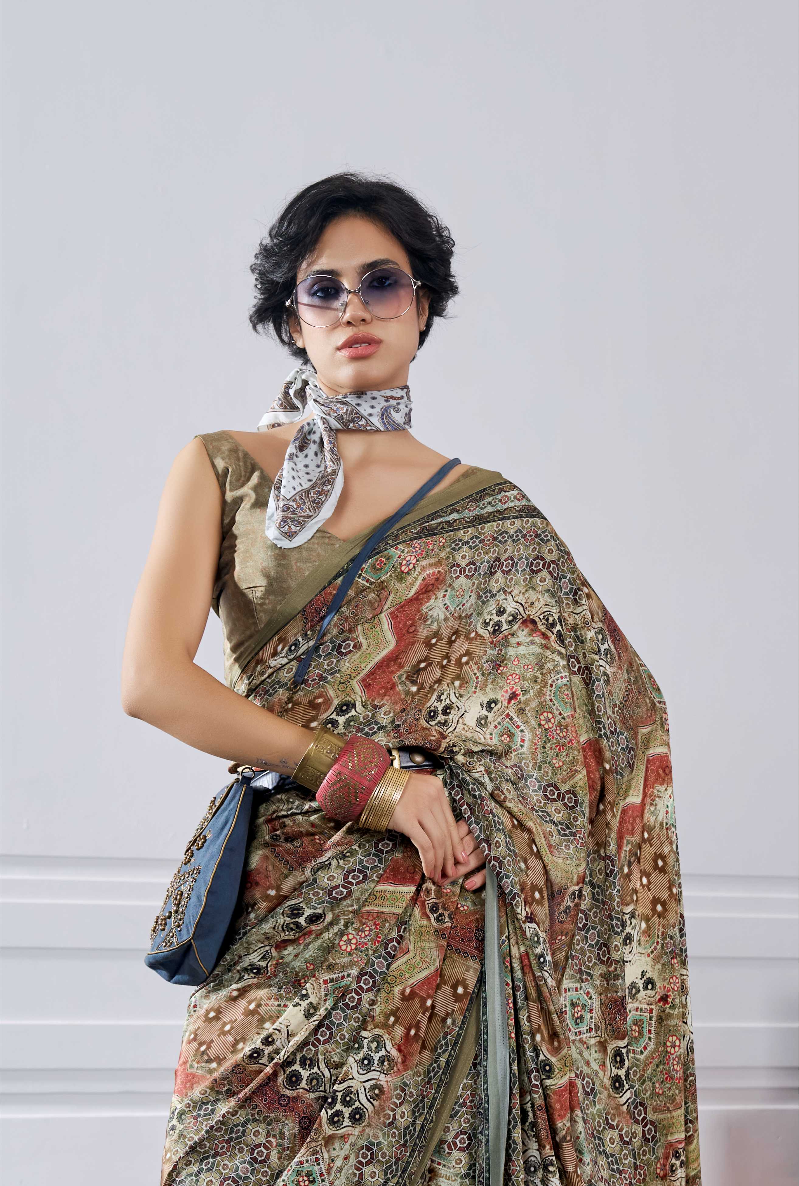 Flow Artistic Motif Olive Gold Saree