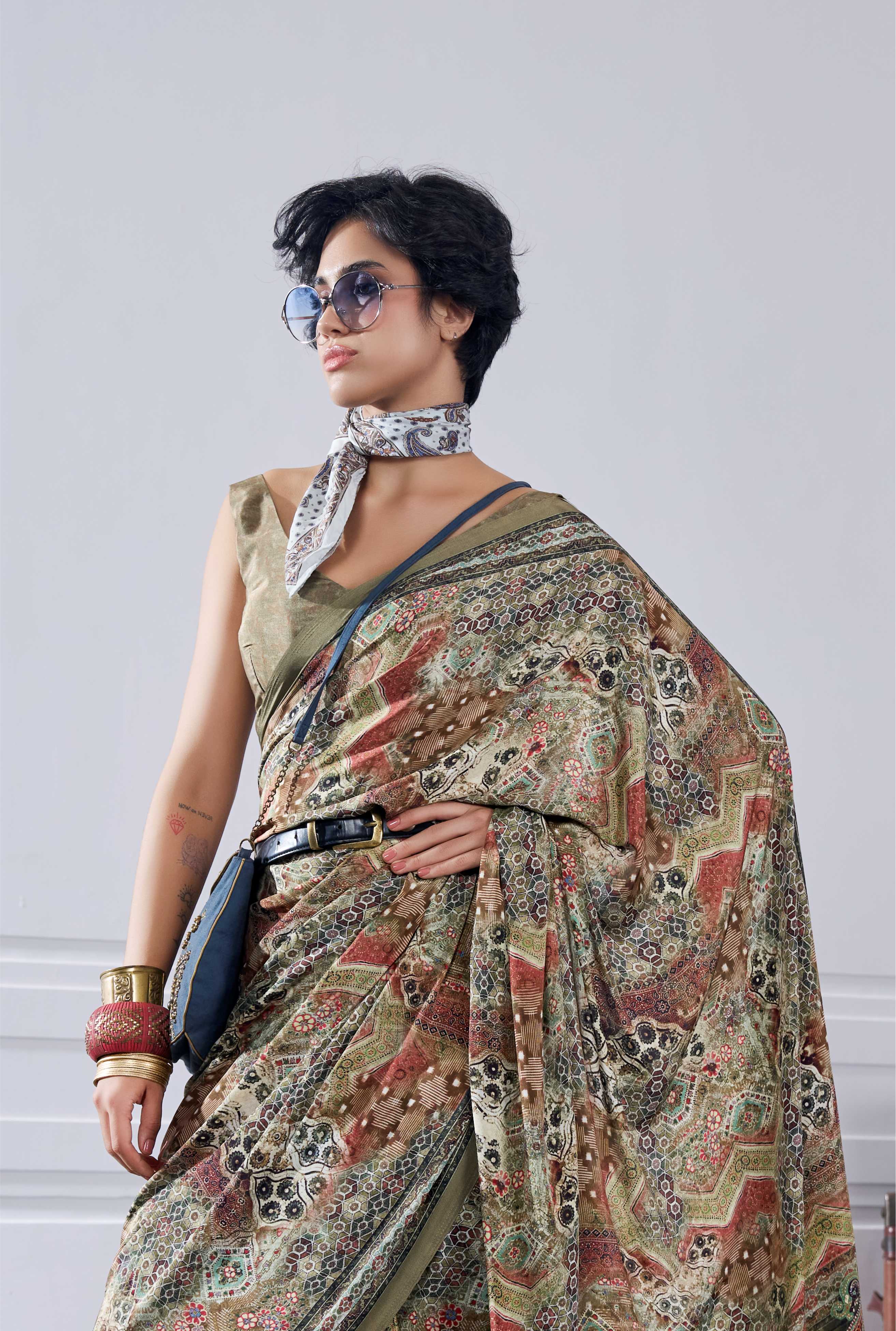 Flow Artistic Motif Olive Gold Saree