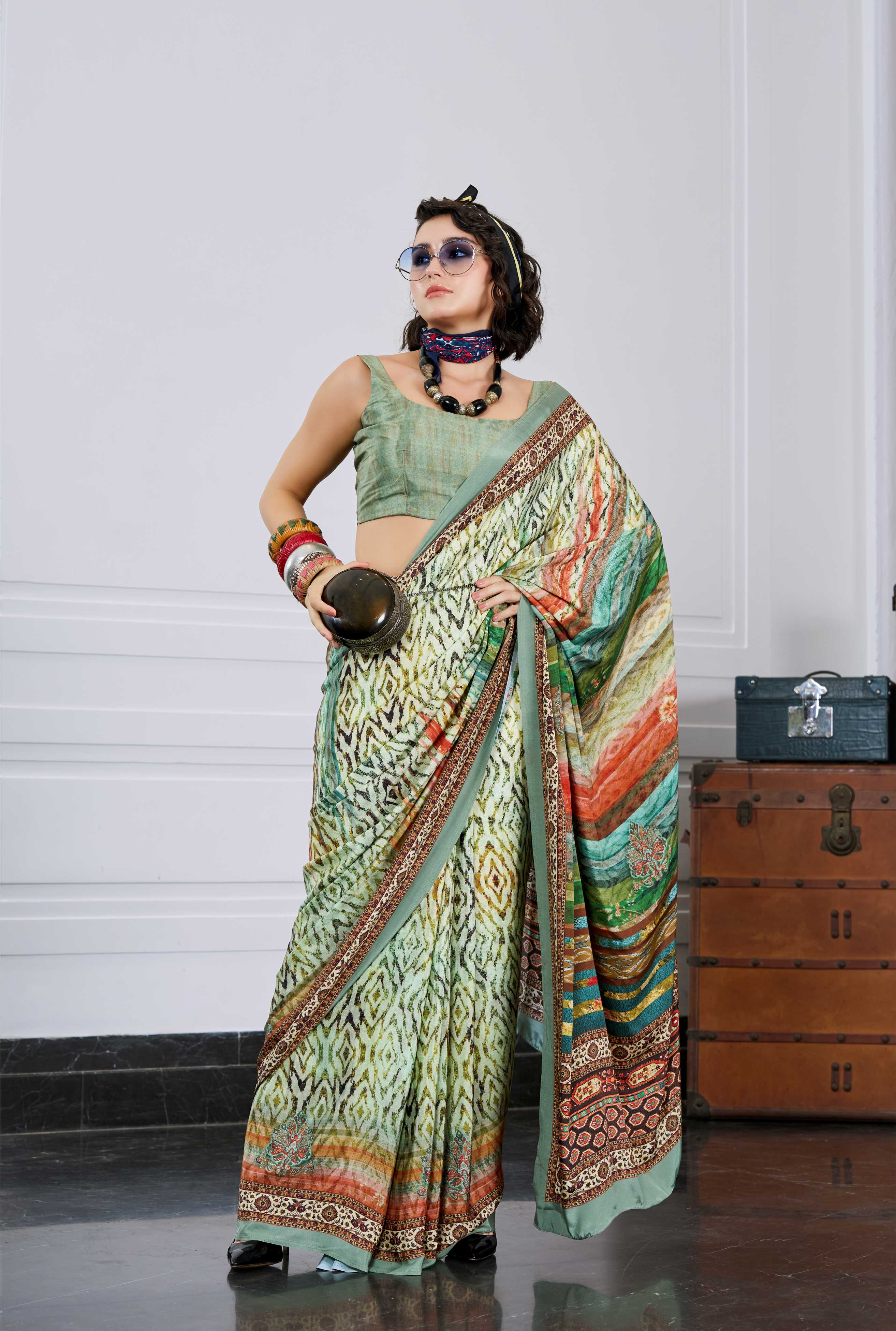 Flow Artistic Motif Olive Green Saree