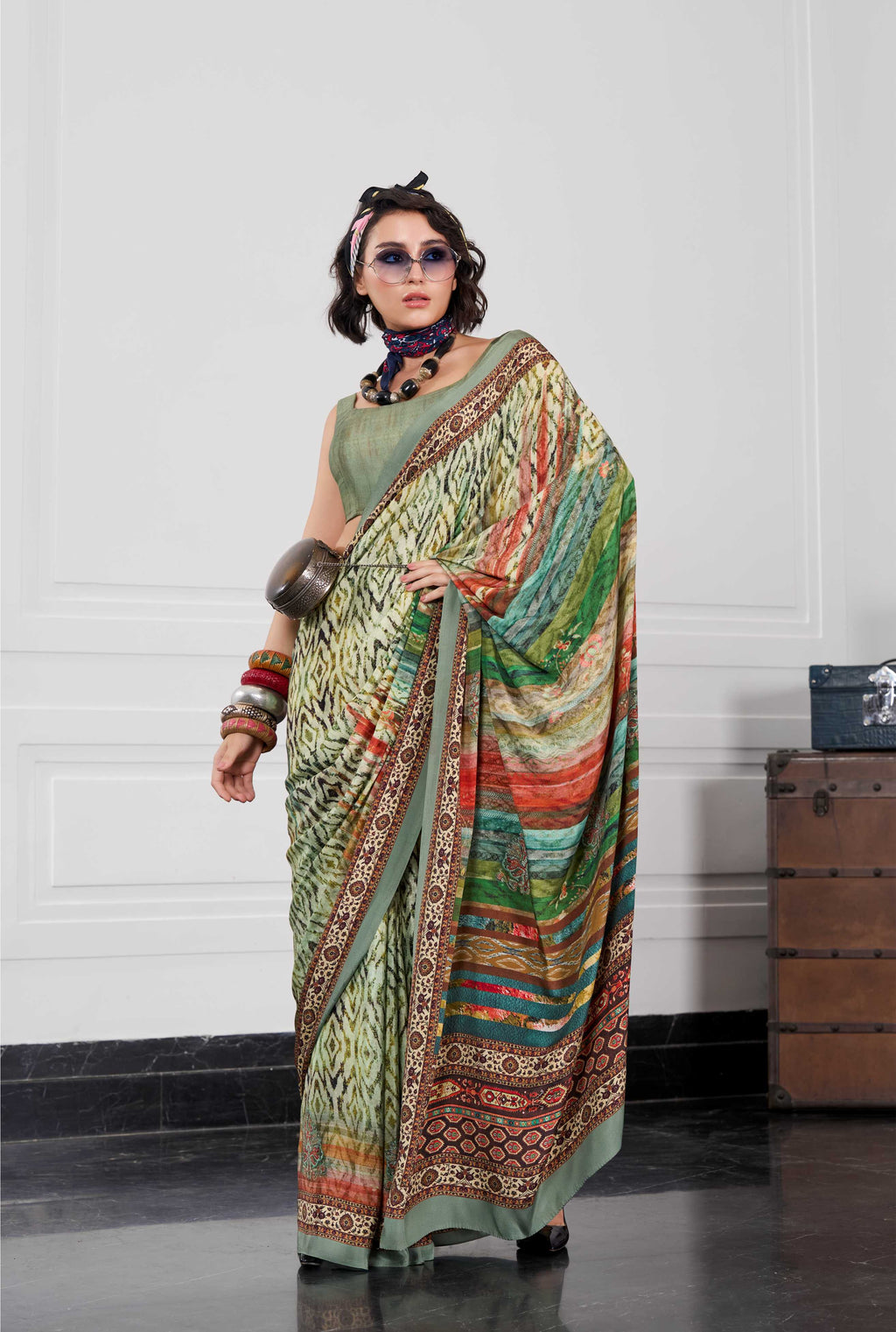 Flow Artistic Motif Olive Green Saree