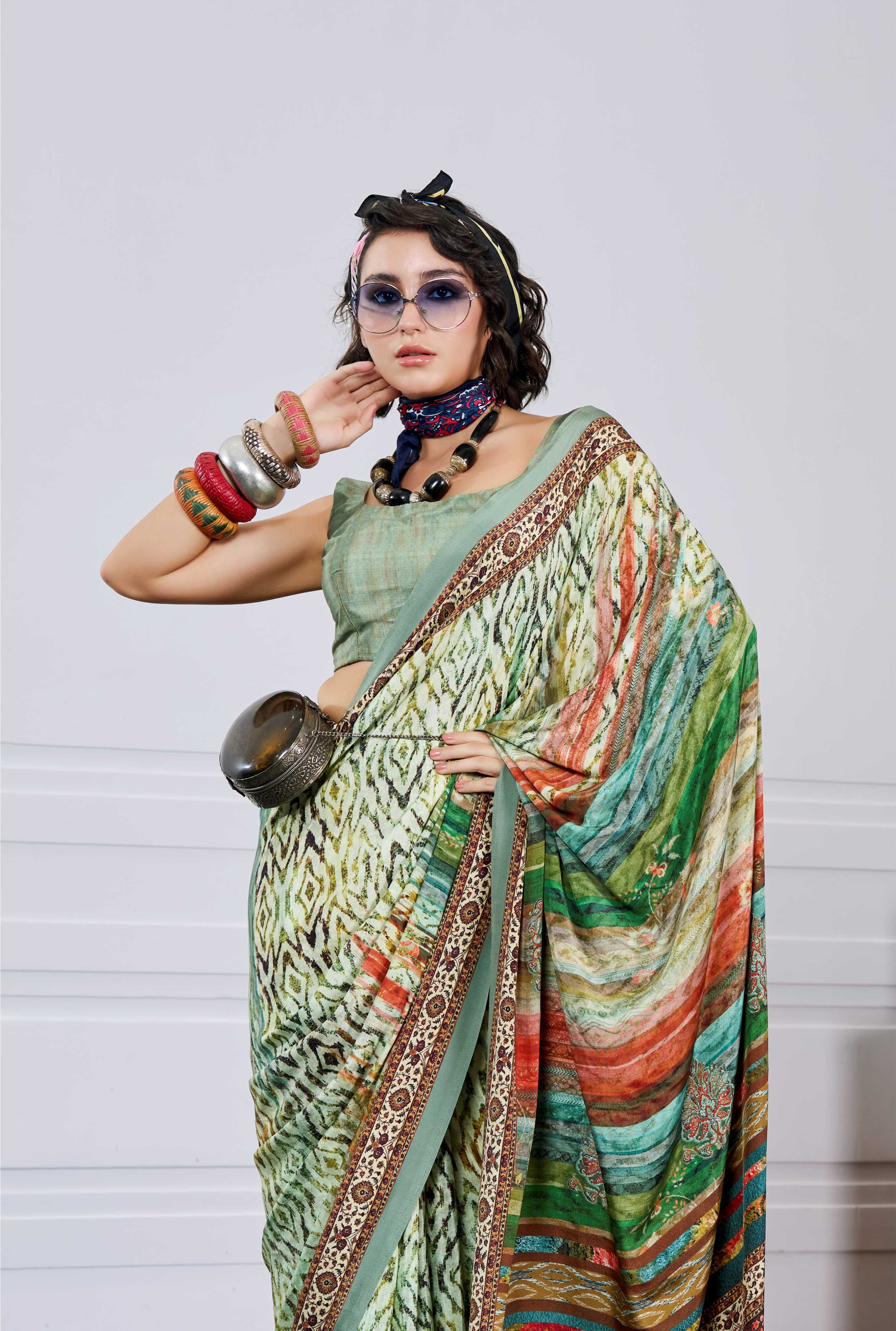 Flow Artistic Motif Olive Green Saree