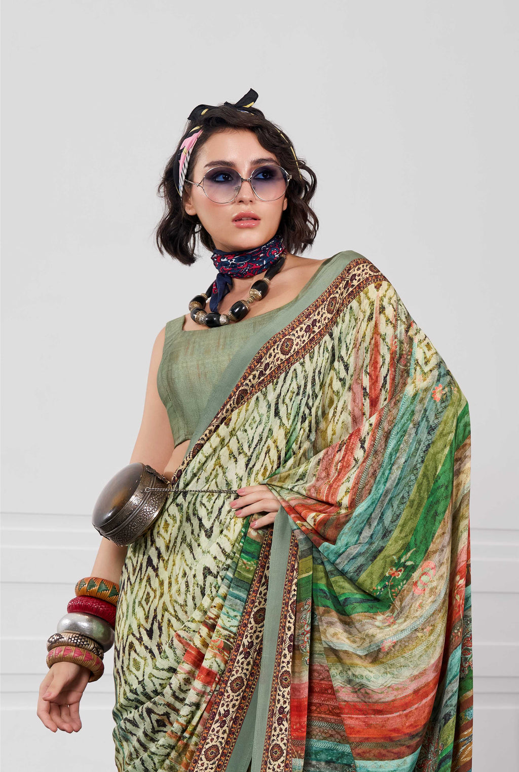 Flow Artistic Motif Olive Green Saree