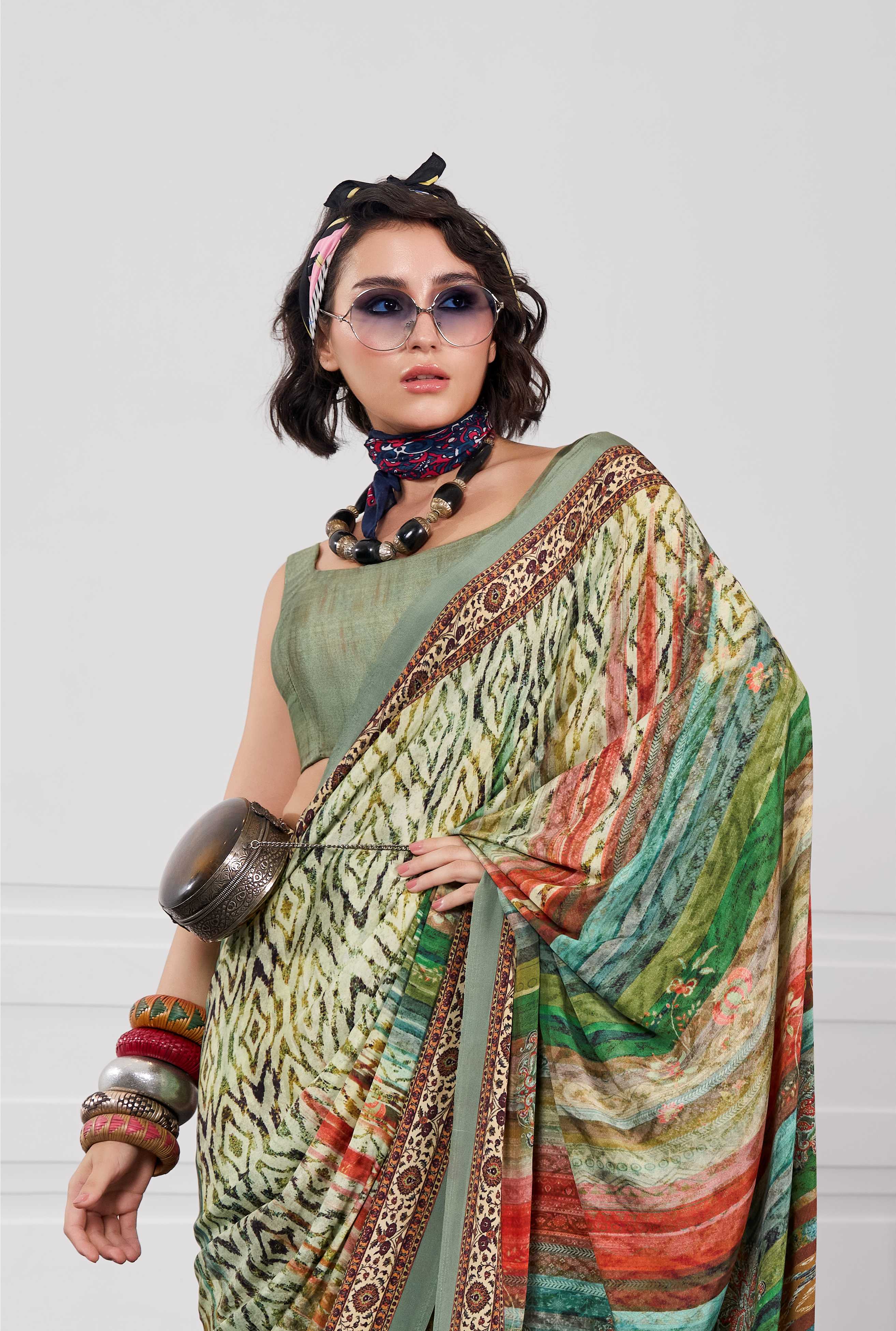 Flow Artistic Motif Olive Green Saree