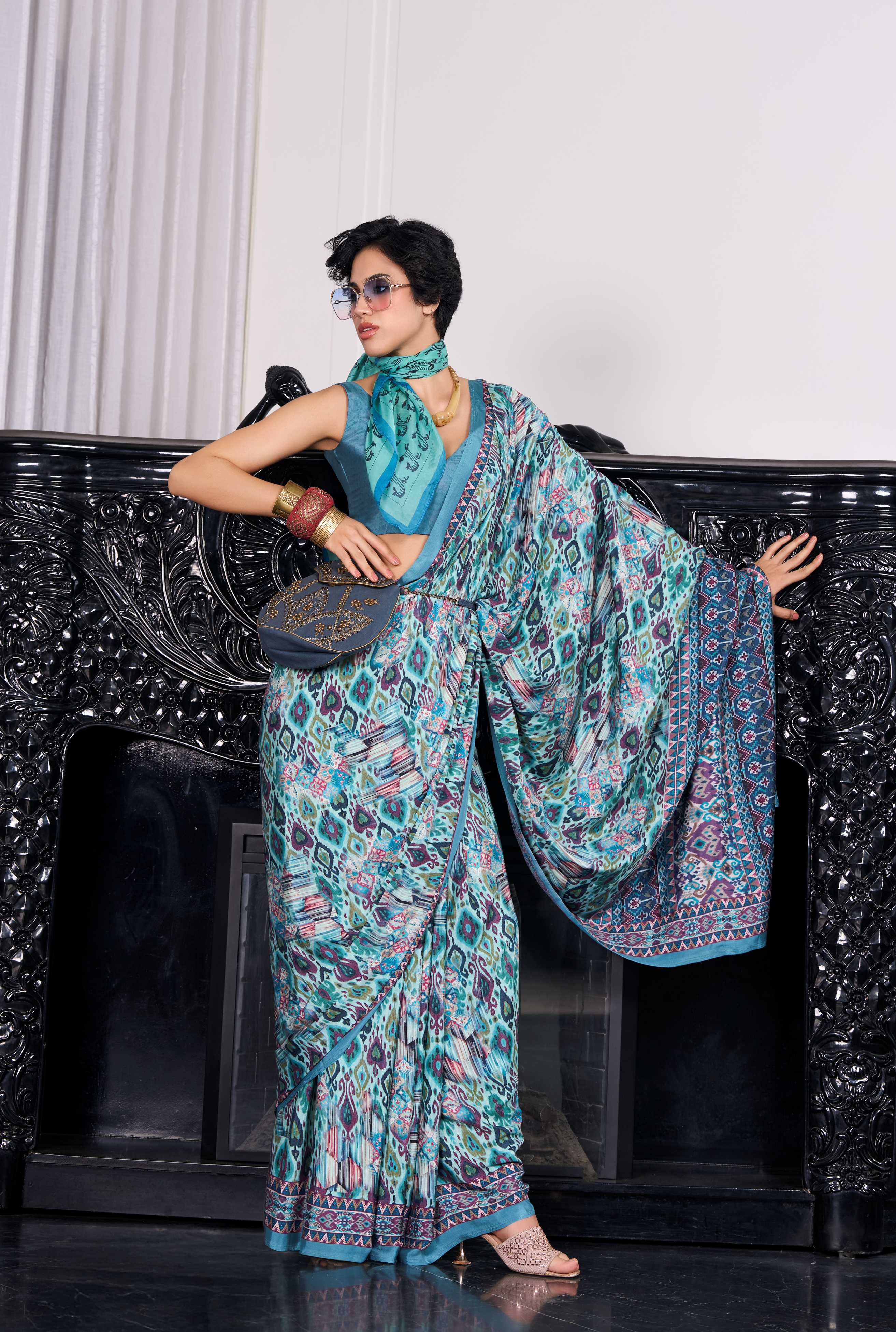 Flow Artistic Motif Sea Green Saree