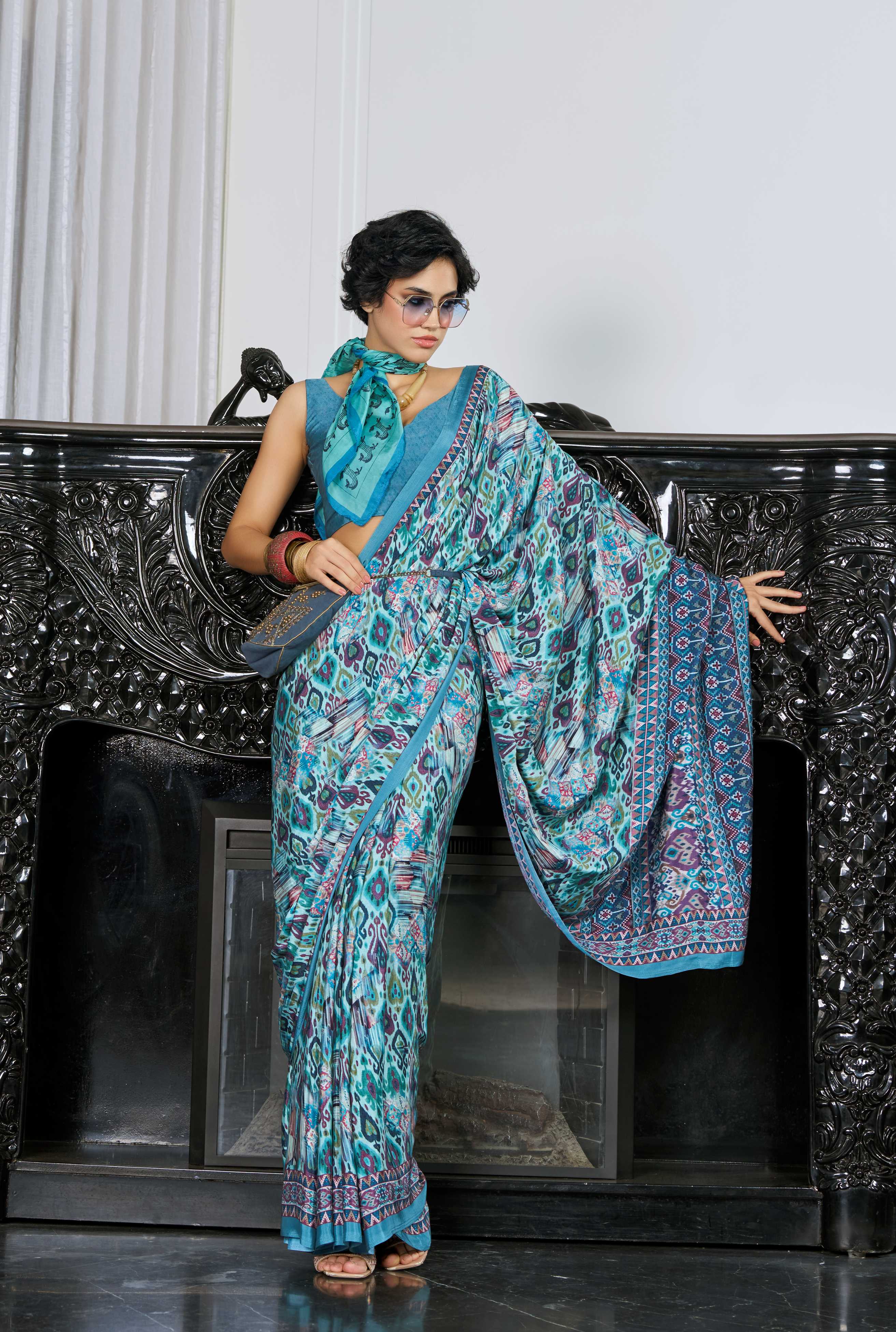 Flow Artistic Motif Sea Green Saree