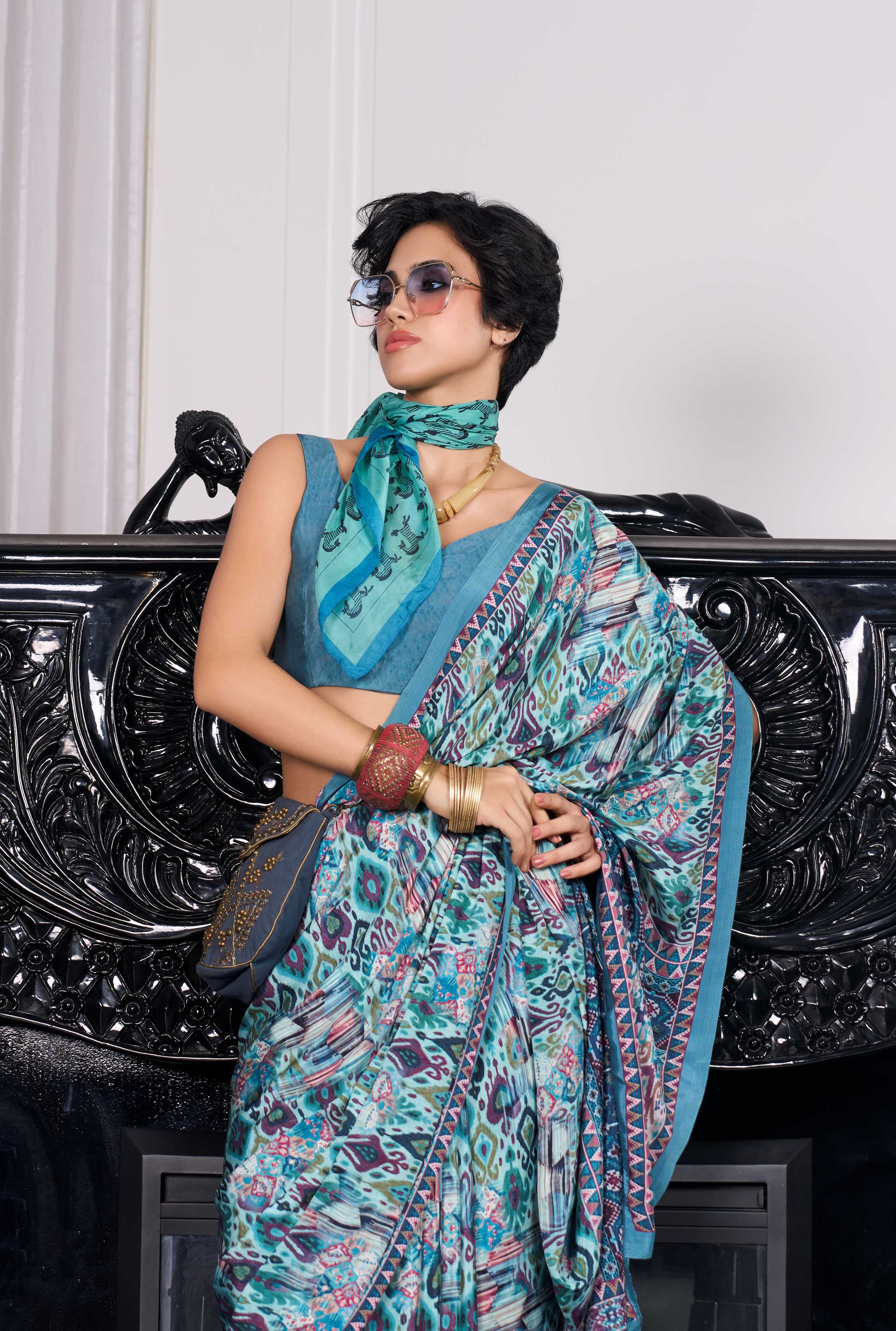 Flow Artistic Motif Sea Green Saree