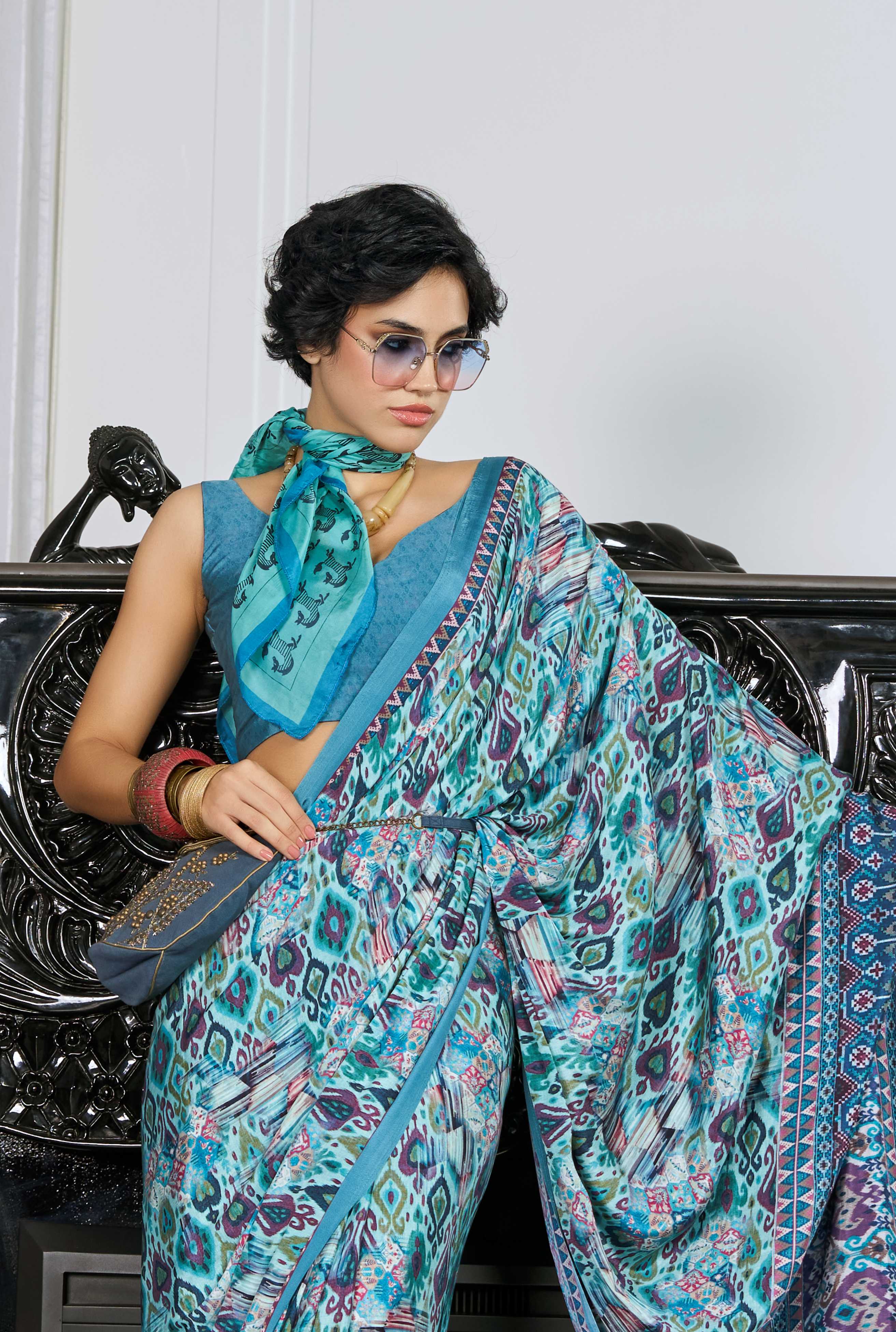 Flow Artistic Motif Sea Green Saree