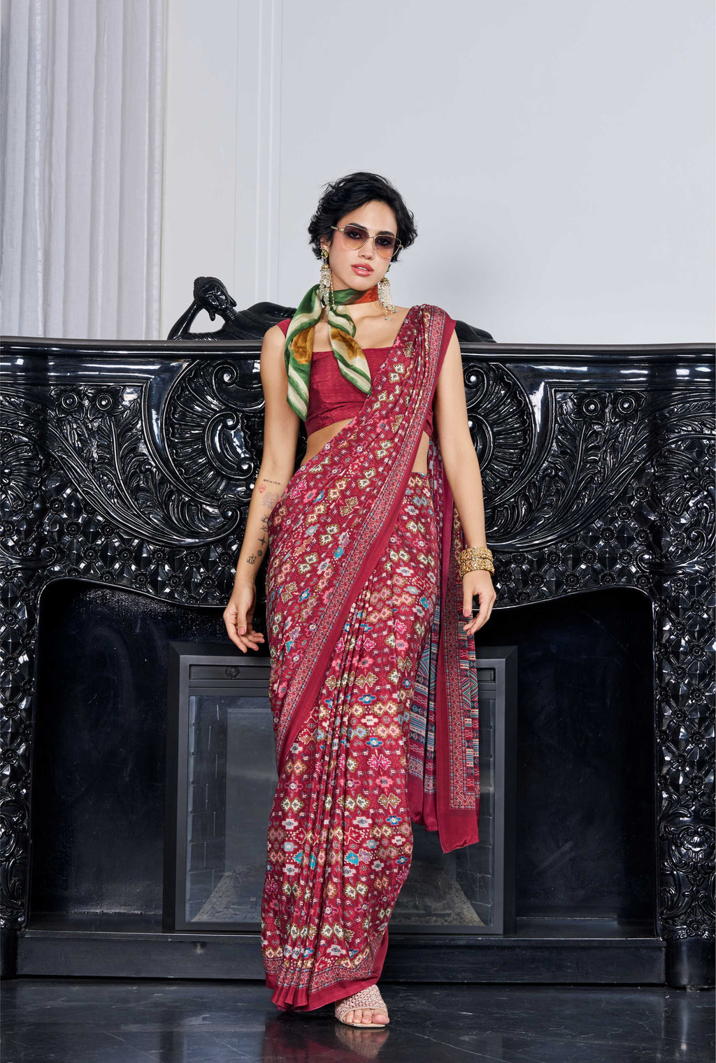 Flow Ethnic Motif Brick Red Saree